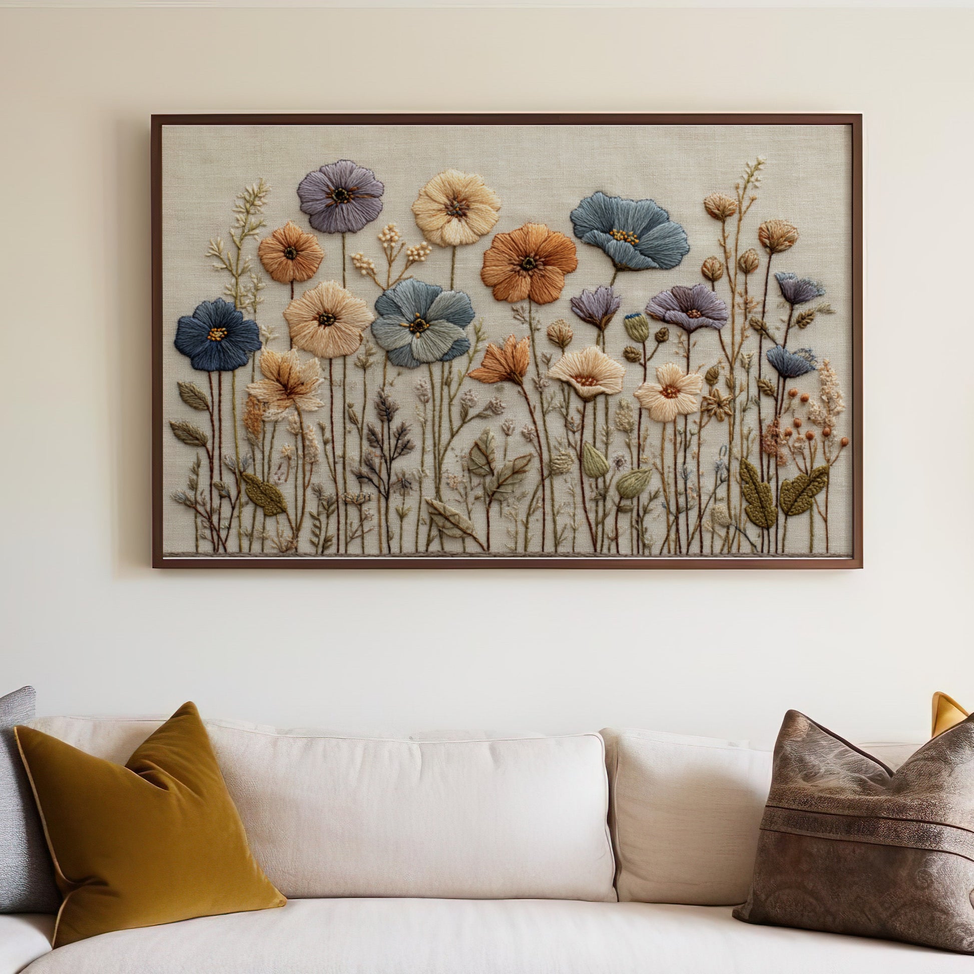 Framed Floral Embroidery Art for Wall Decoration