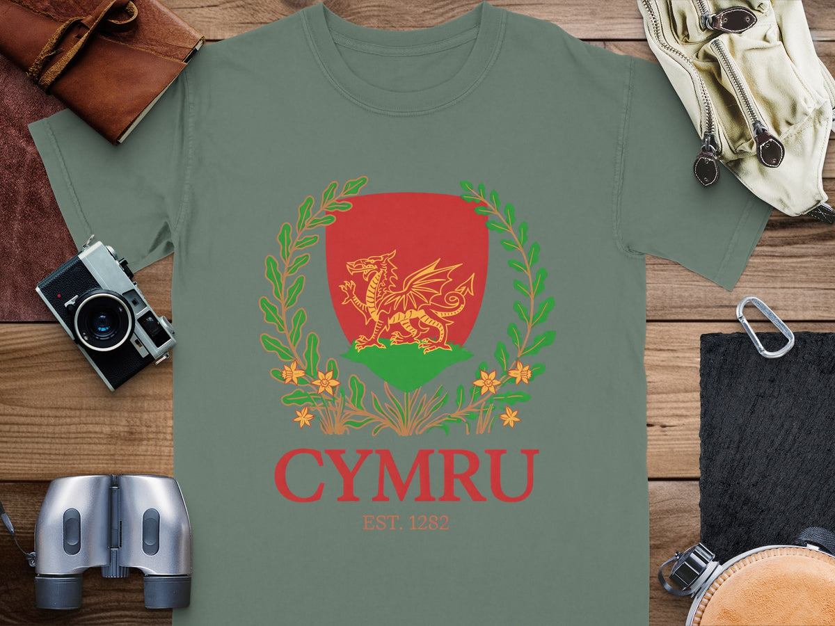 Green t-shirt with Welsh dragon crest and "CYMRU EST. 1282" text.