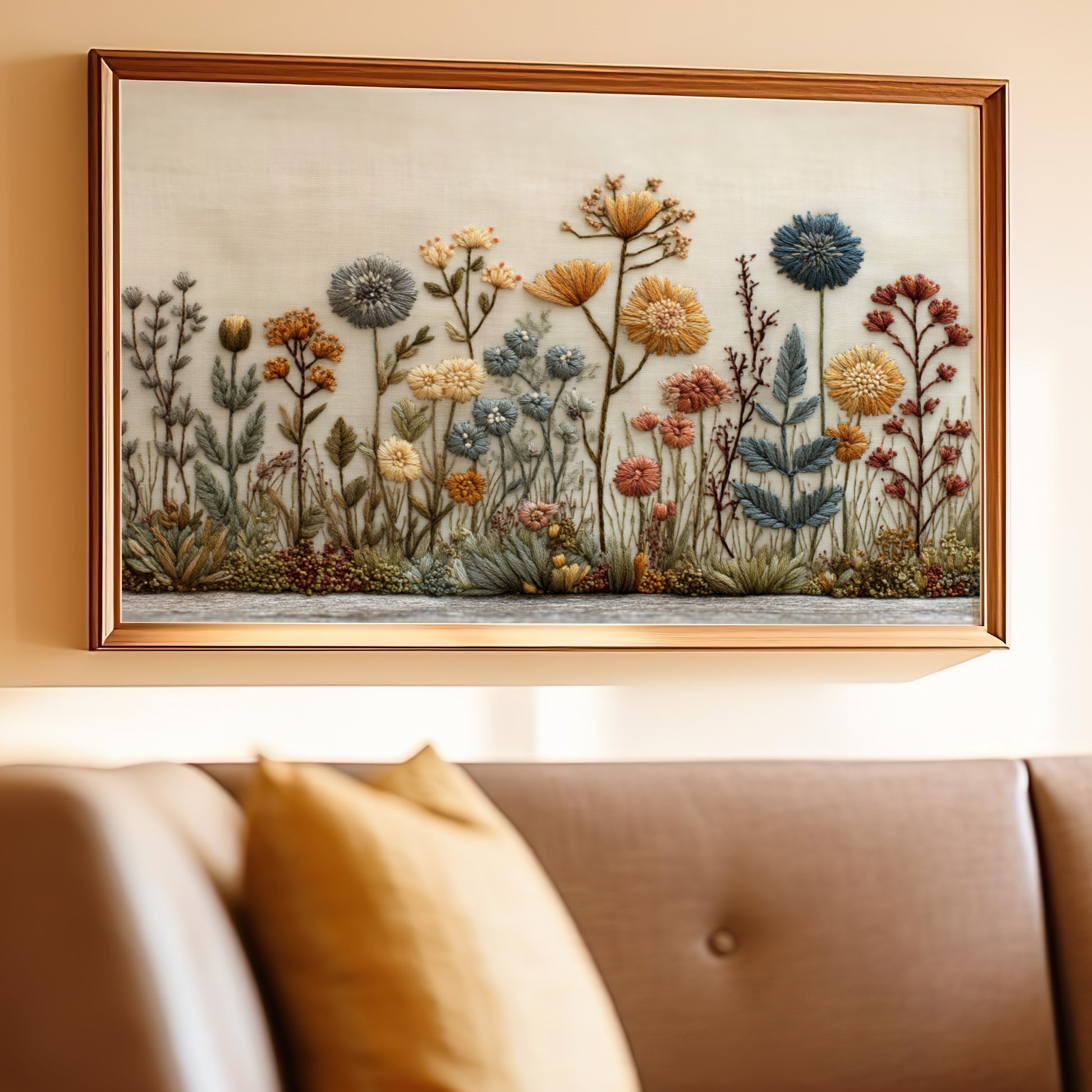 Embroidered Floral Garden Wall Art with Vibrant Flowers