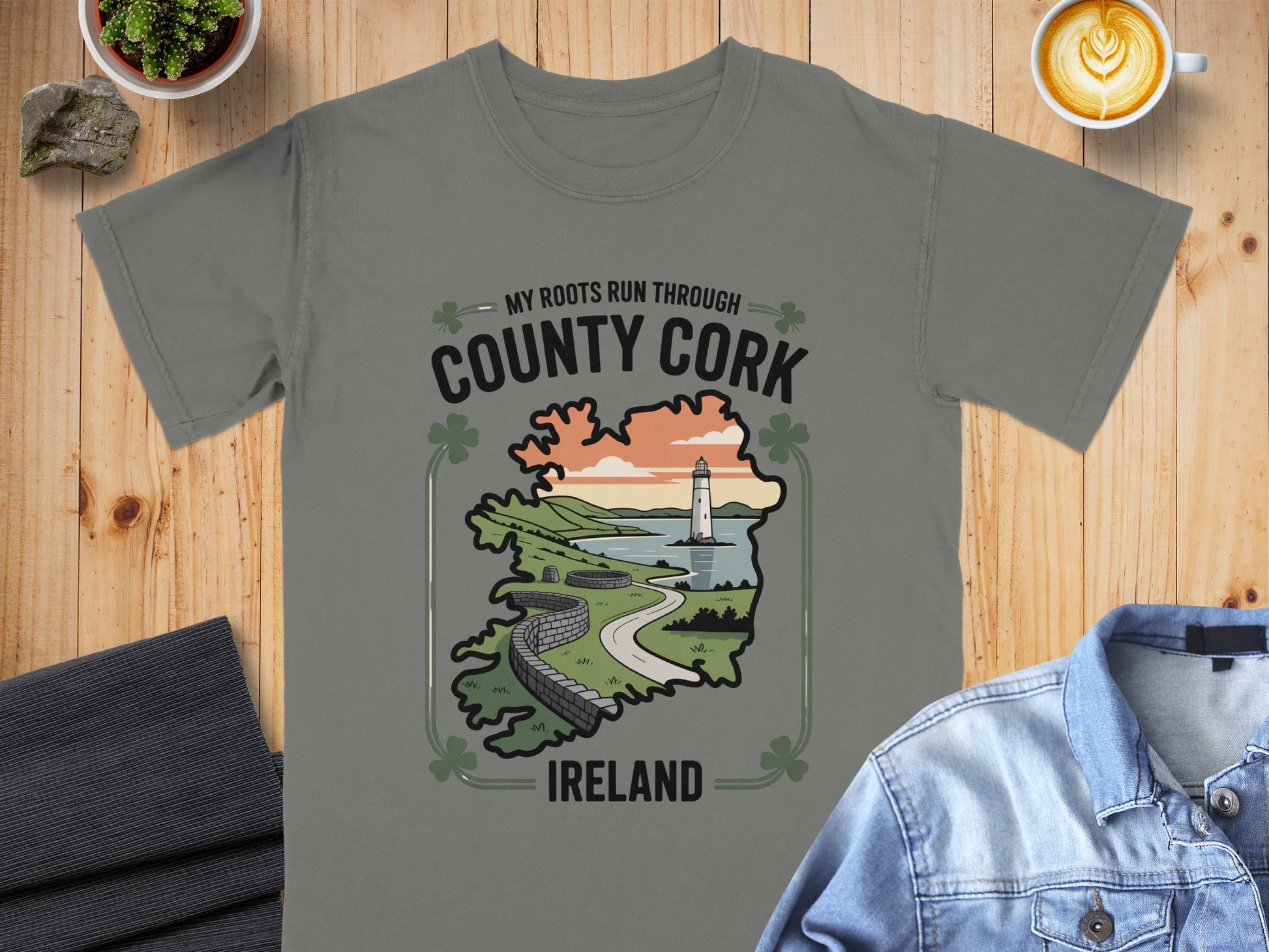 Grey t-shirt with "My Roots Run Through County Cork Ireland" text and map graphic.