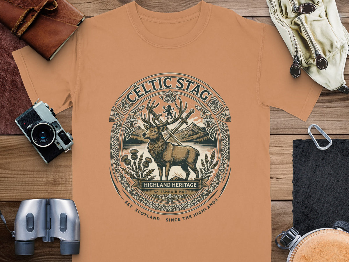 T-shirt with a Celtic stag design featuring crossed swords and Highland heritage text.