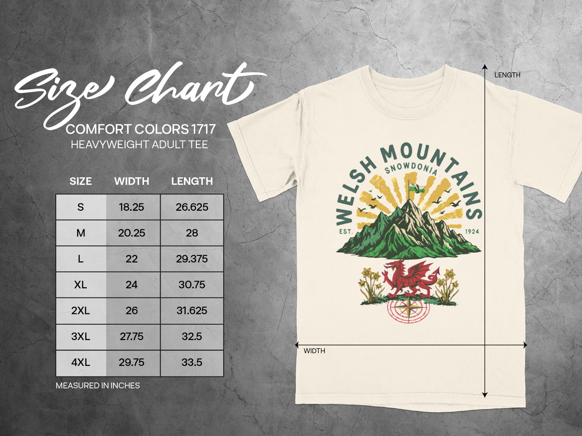 Comfort Colors 1717 adult tee size chart with Welsh Mountains graphic.