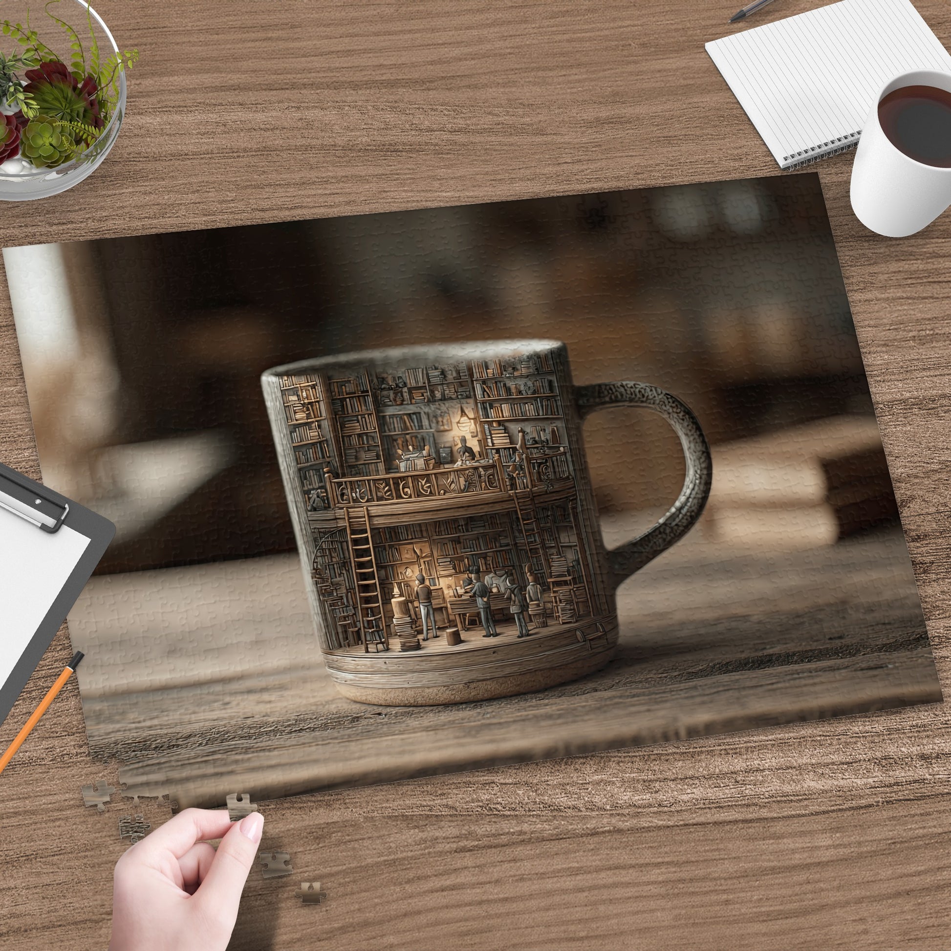 Mug with bookshelves and tiny people, part of a jigsaw puzzle.