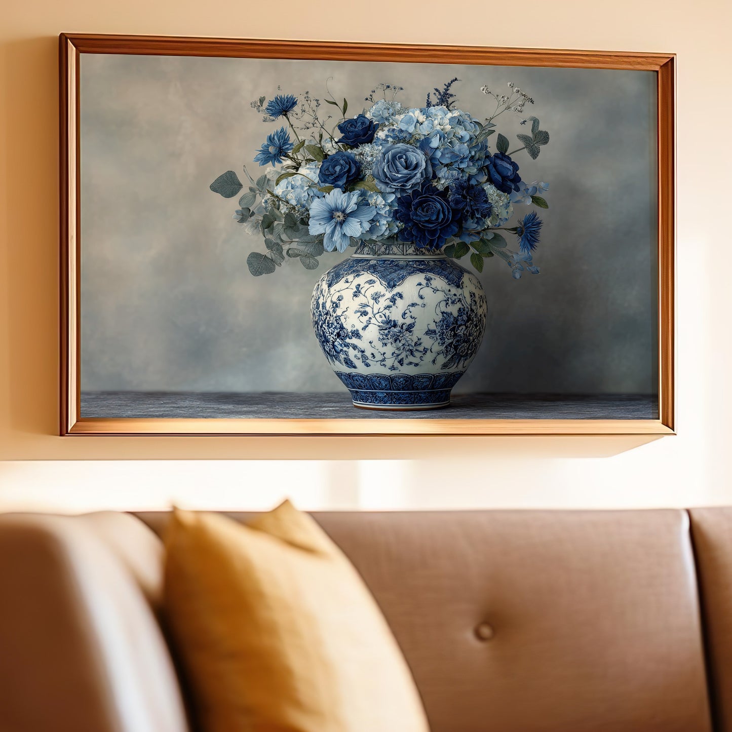 Elegant Framed Still Life Blue Floral Art Print