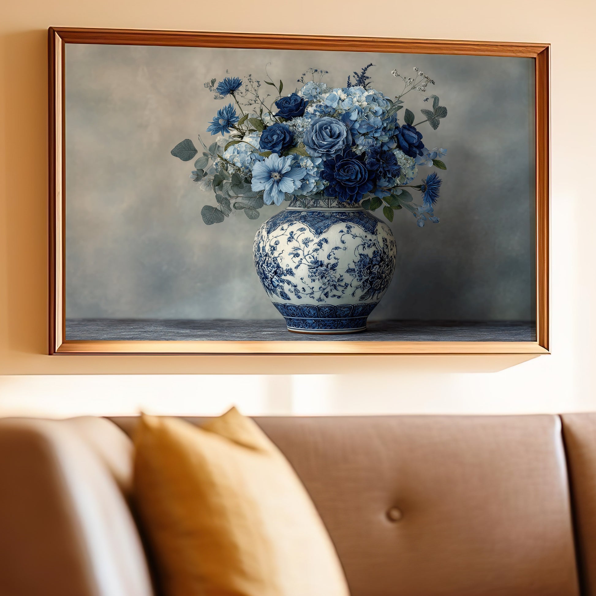 Elegant Framed Still Life Blue Floral Art Print