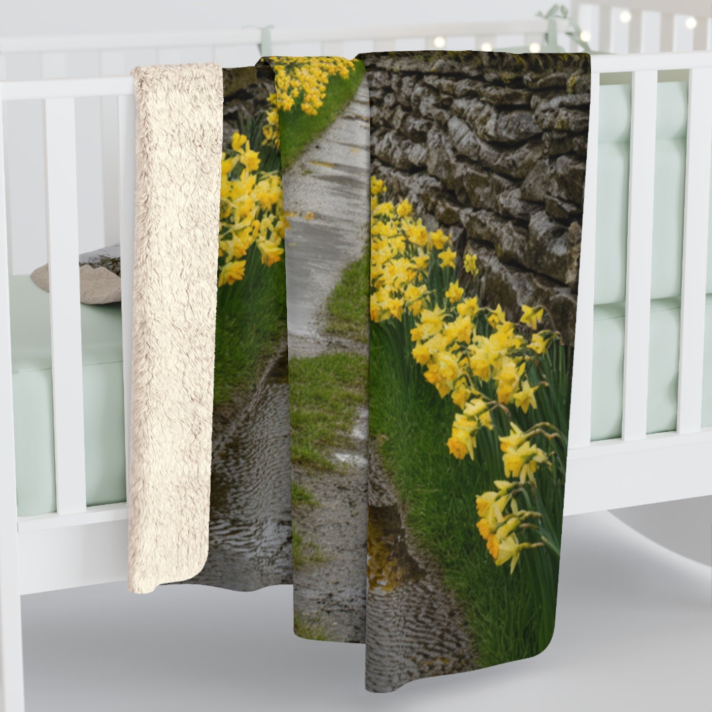 English Countryside Sherpa Blanket — Daffodil Lane & Misty Farmhouse Landscape