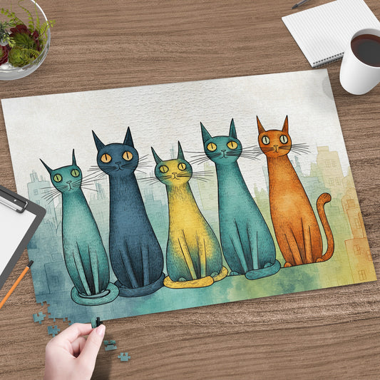 Five stylized cats of different colors sitting in front of a cityscape.