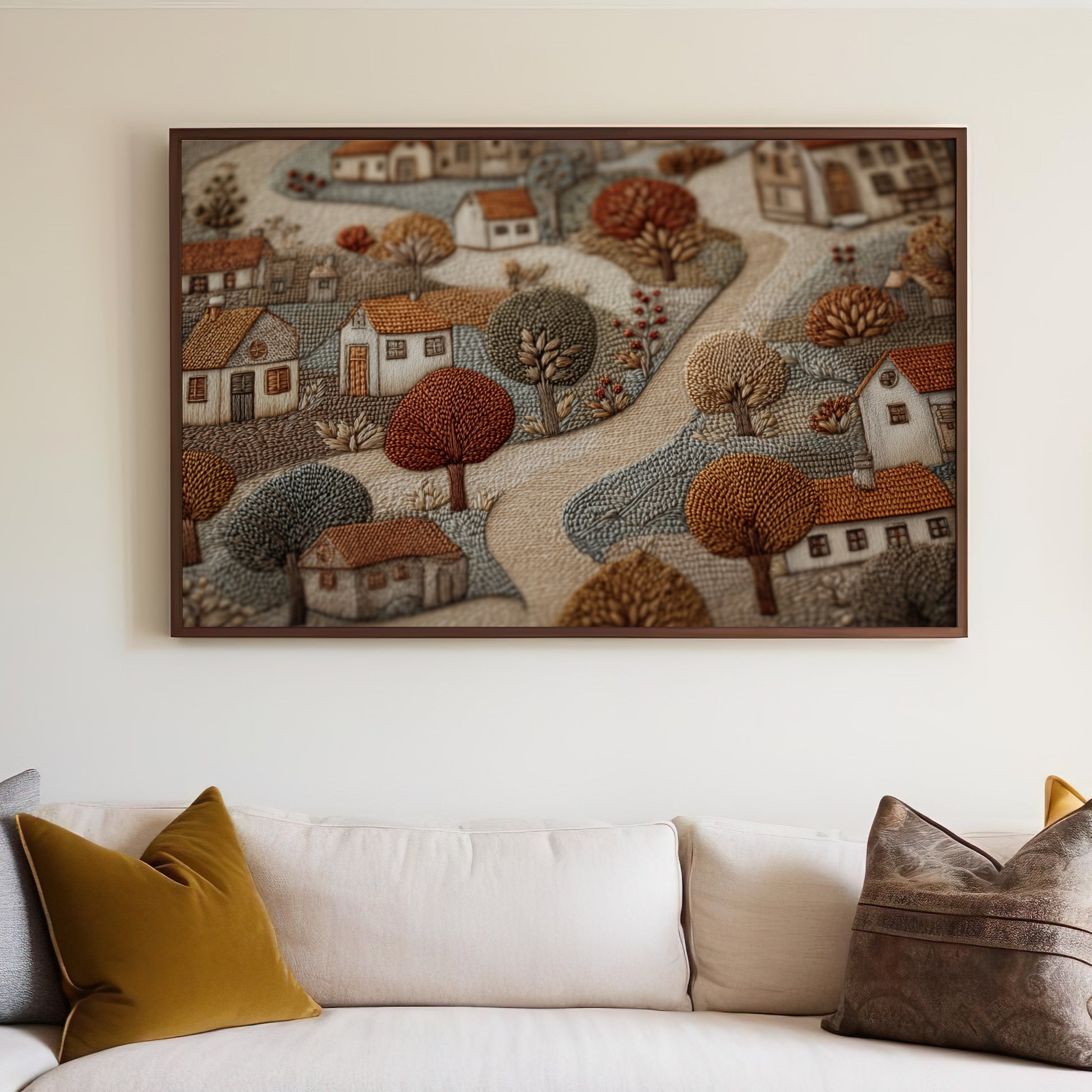 Embroidered Village Scene Artwork for Home Decor