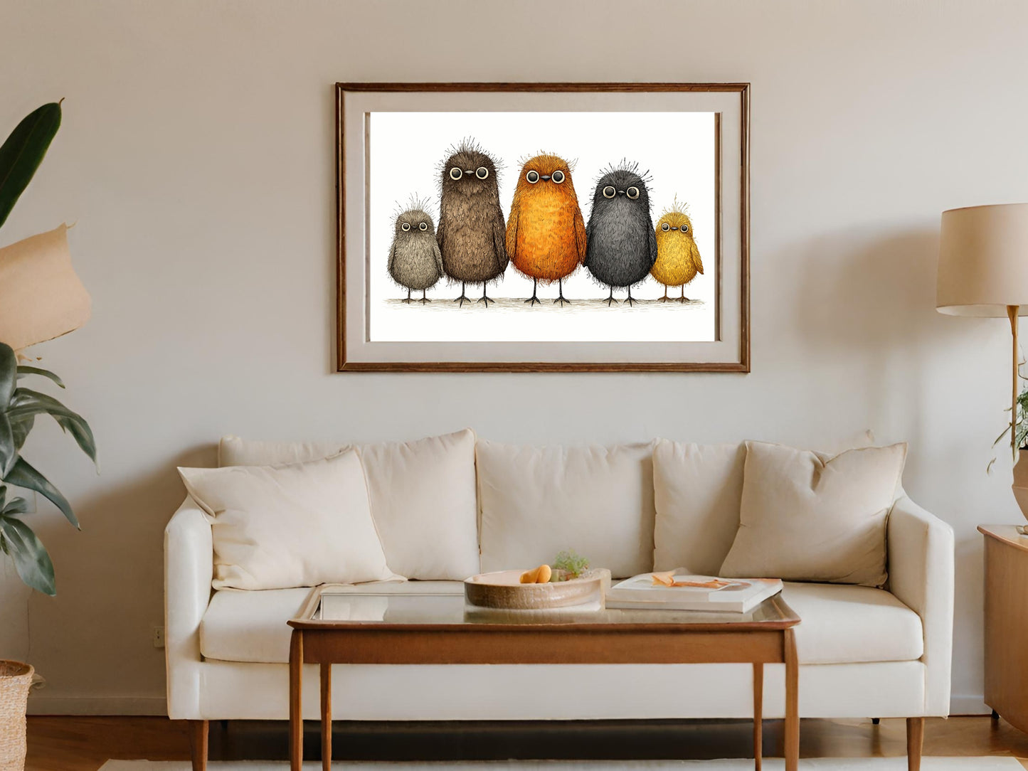 Framed watercolor print of six fluffy, colorful bird characters on a couch.