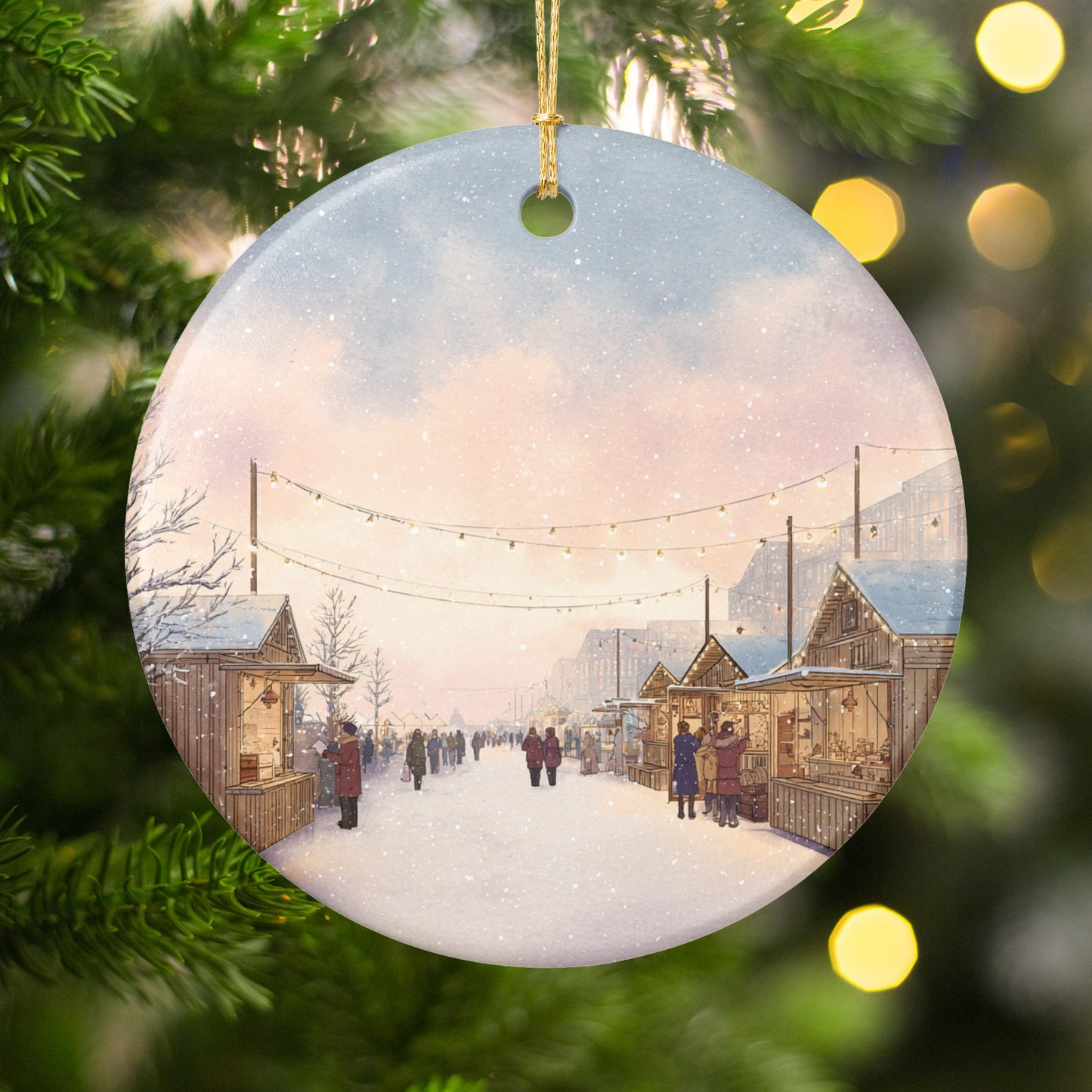 Christmas Market Scene Under Snowy Skies Ornament
