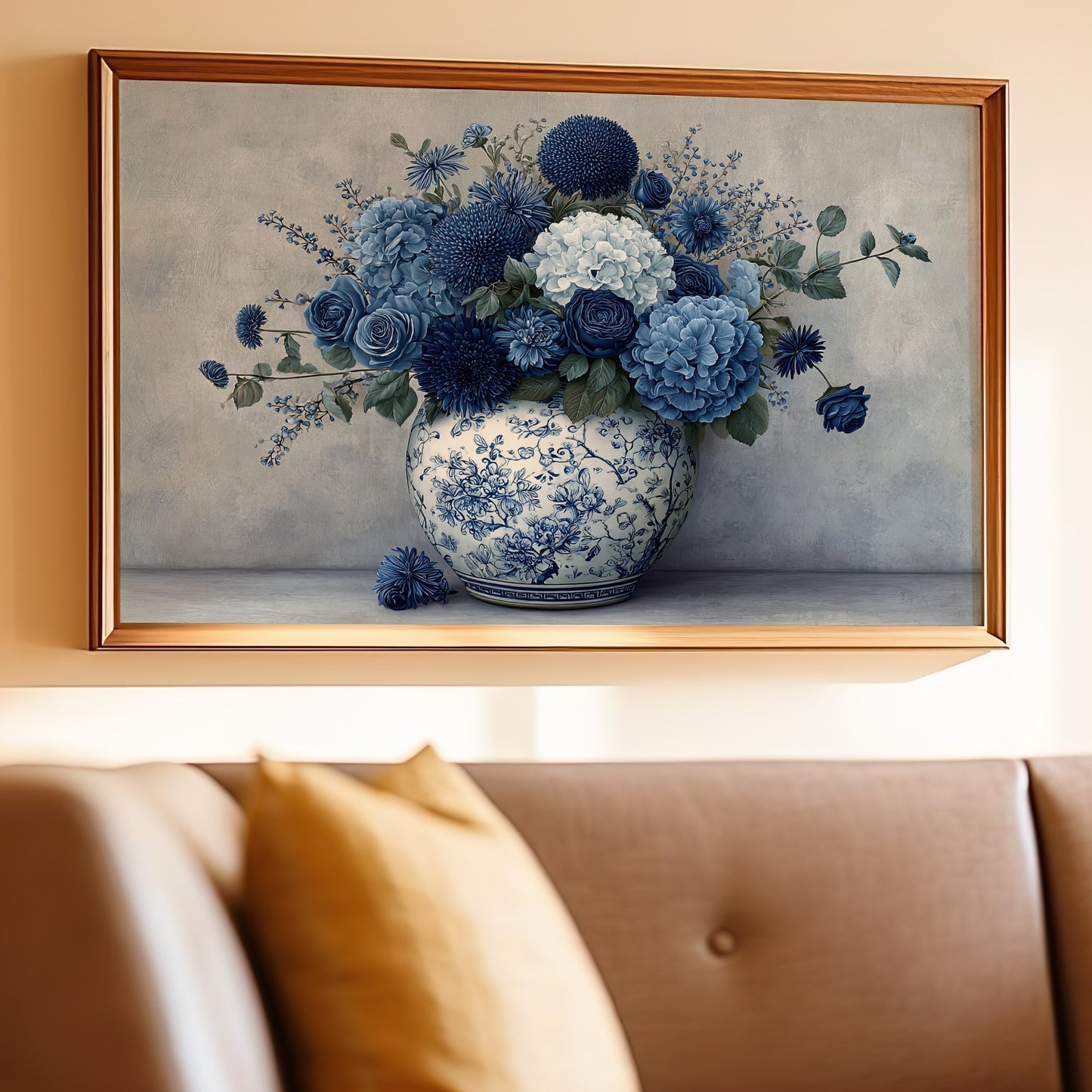 Elegant Wall Art Vase with Blue Flowers Painting Decor