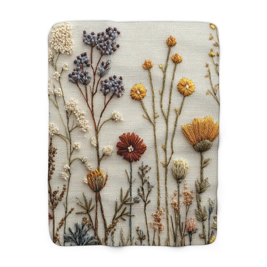 Botanical Embroidered Wildflower sherpa blanket — soft floral fleece throw, boho home decor, housewarming gift