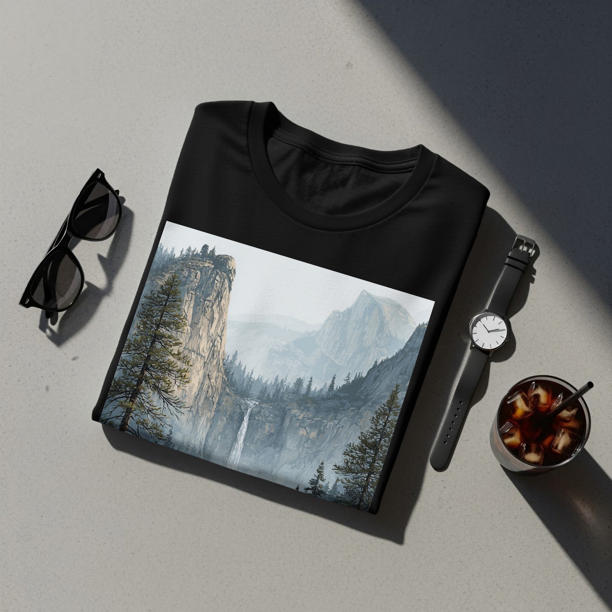 Scenic Mountain and Waterfall Print on T-Shirt