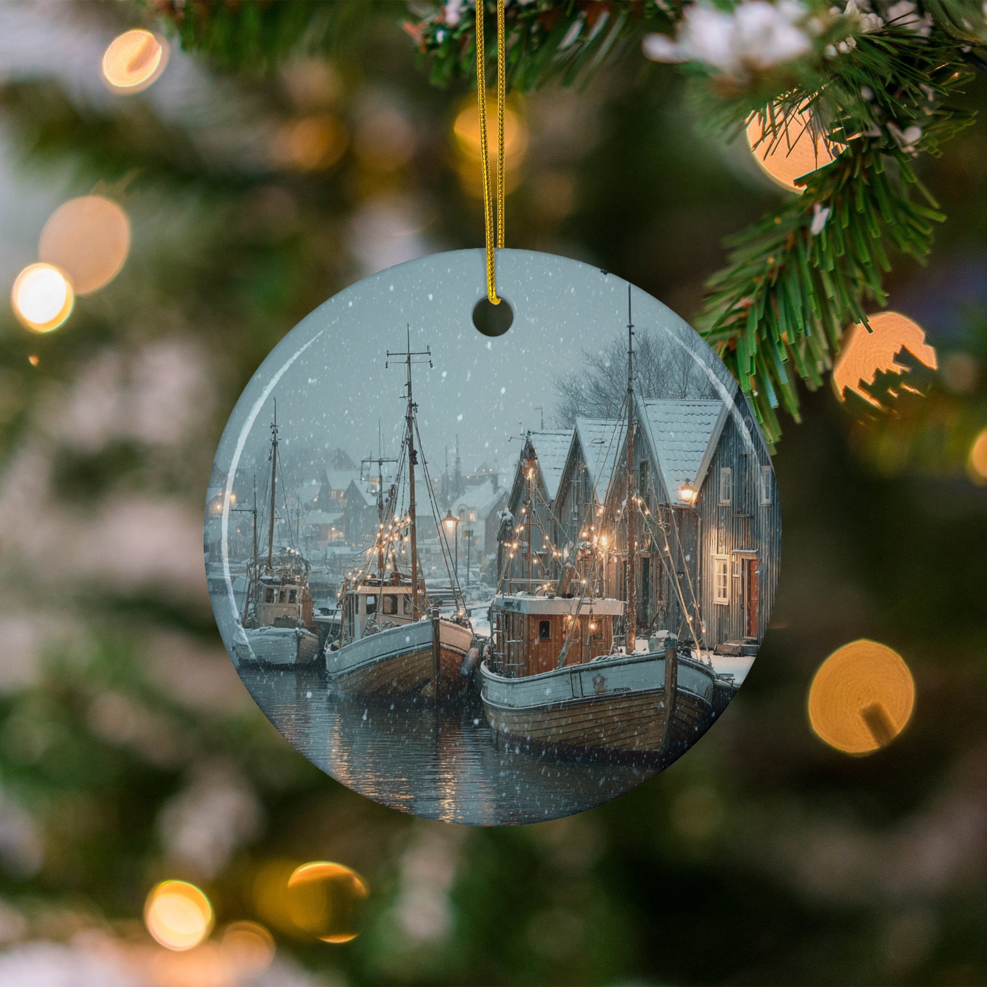 Snowy Harbor Scene Christmas Ornament