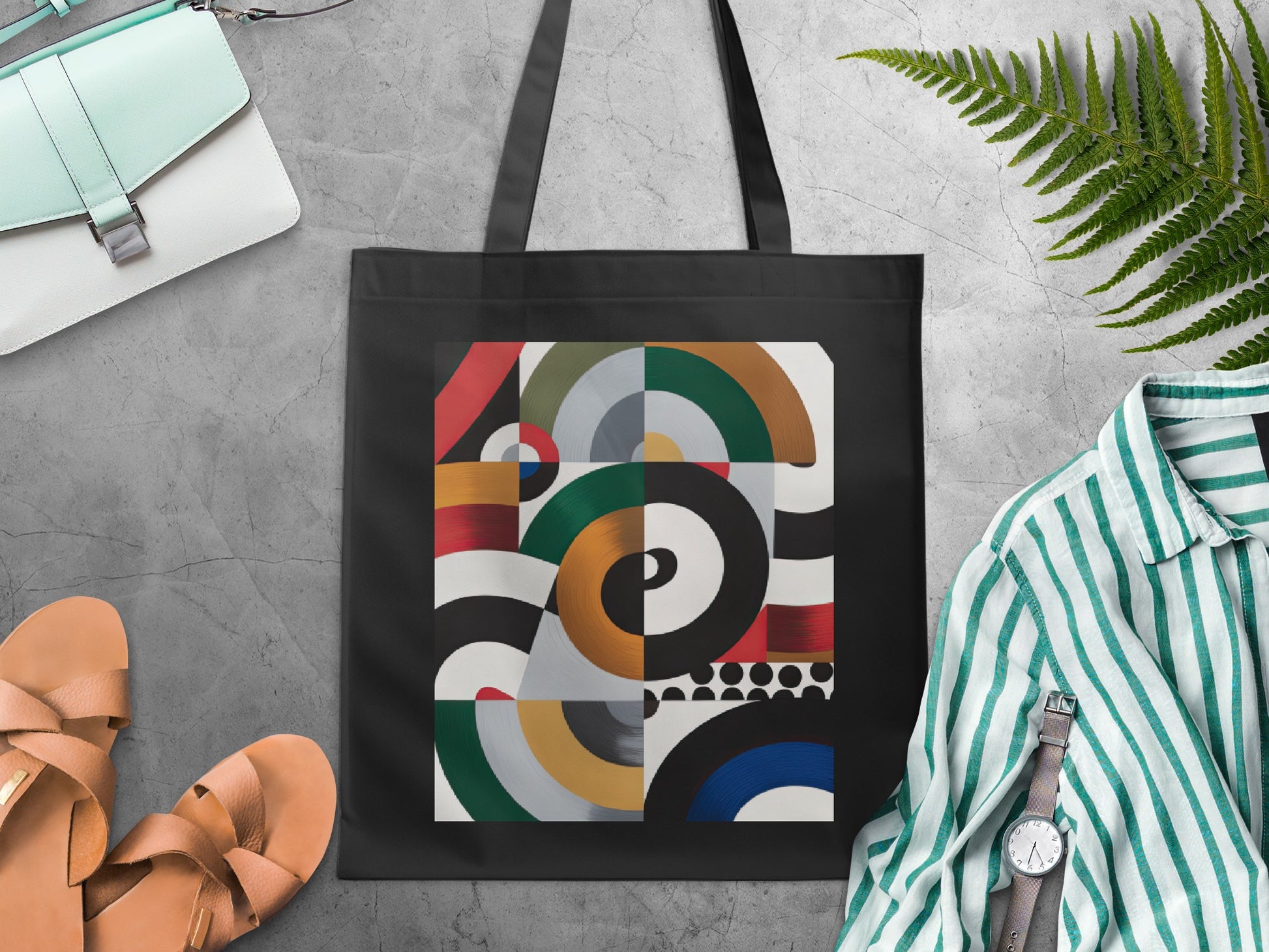 Colorful Abstract Art Pattern on Black Tote Bag