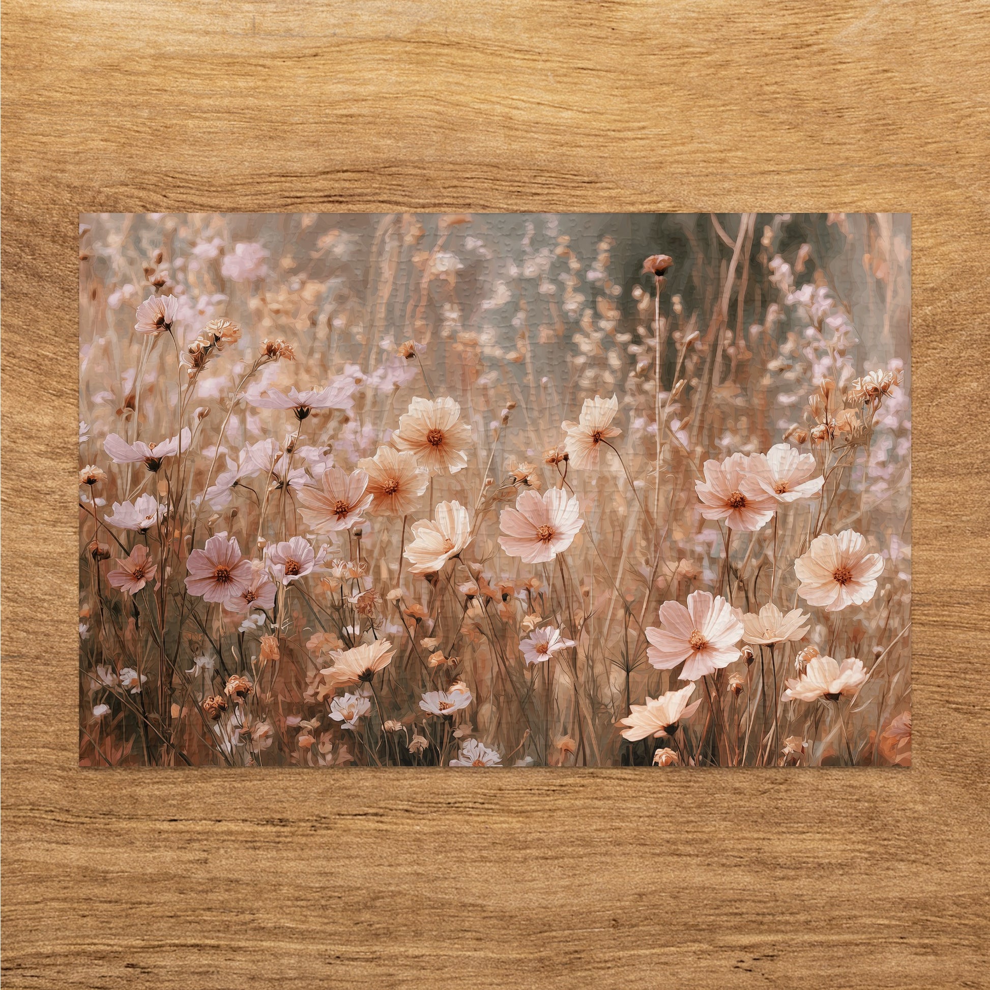 Cosmos flowers bloom in a soft, painterly style on a wooden background.