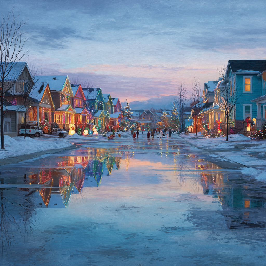 Beautiful Winter Scene of Houses with Holiday Lights Product