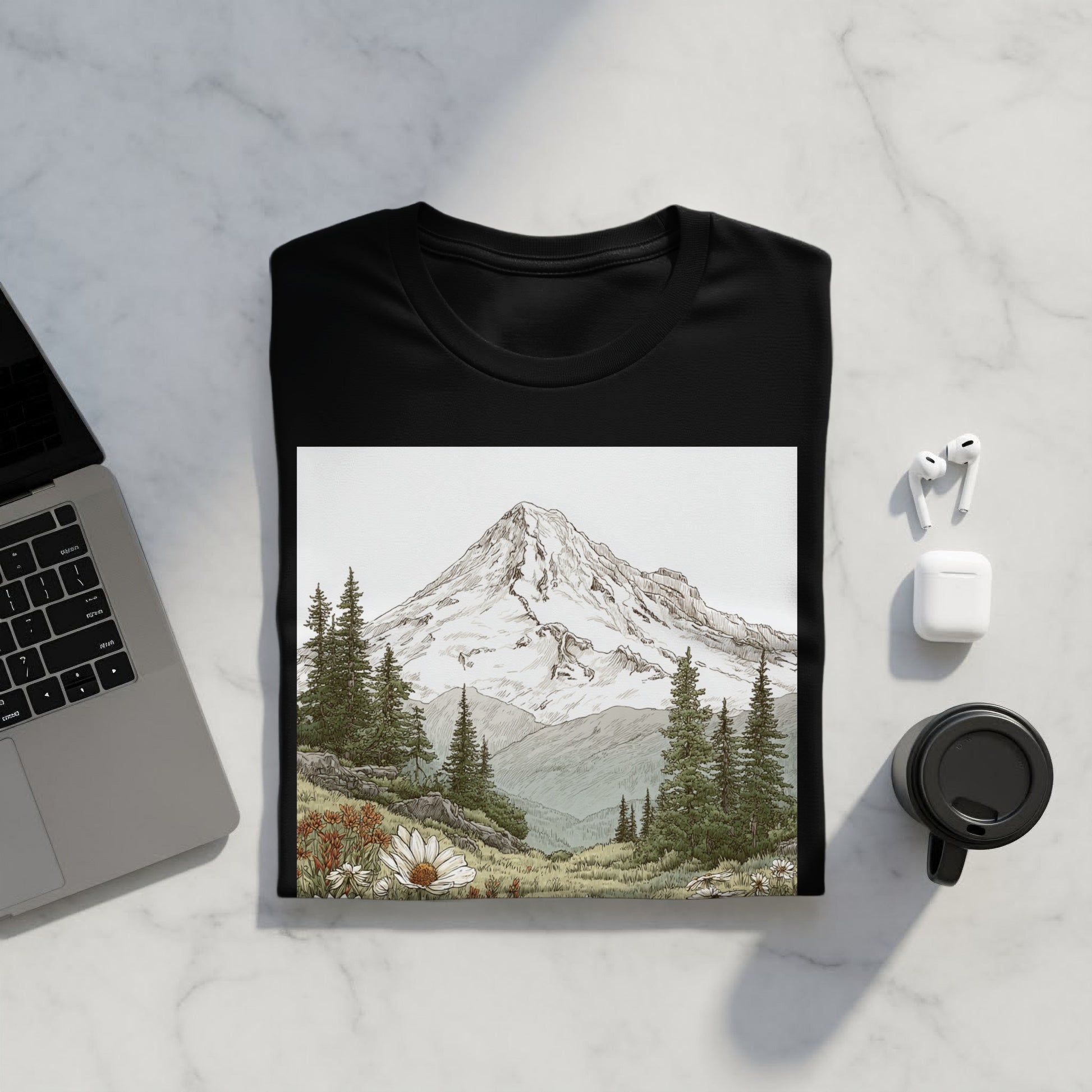 Mountain Landscape Art on Black T-Shirt Unique Tee