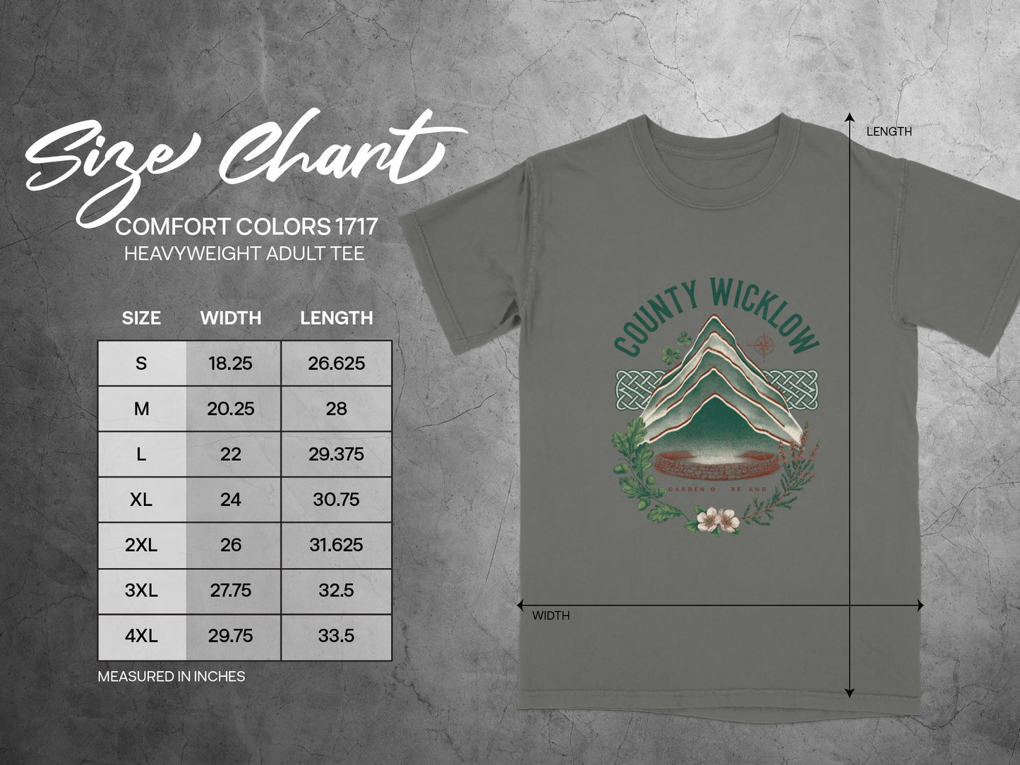 Comfort Colors 1717 size chart for heavyweight adult tee with dimensions in inches.