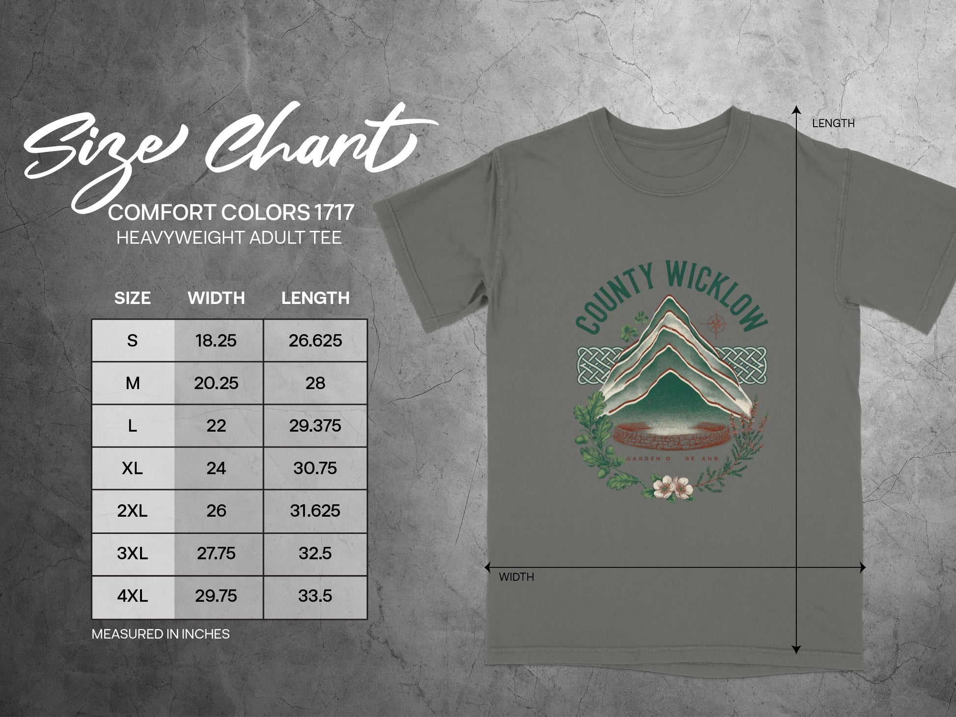 Comfort Colors 1717 size chart for heavyweight adult tee with dimensions in inches.