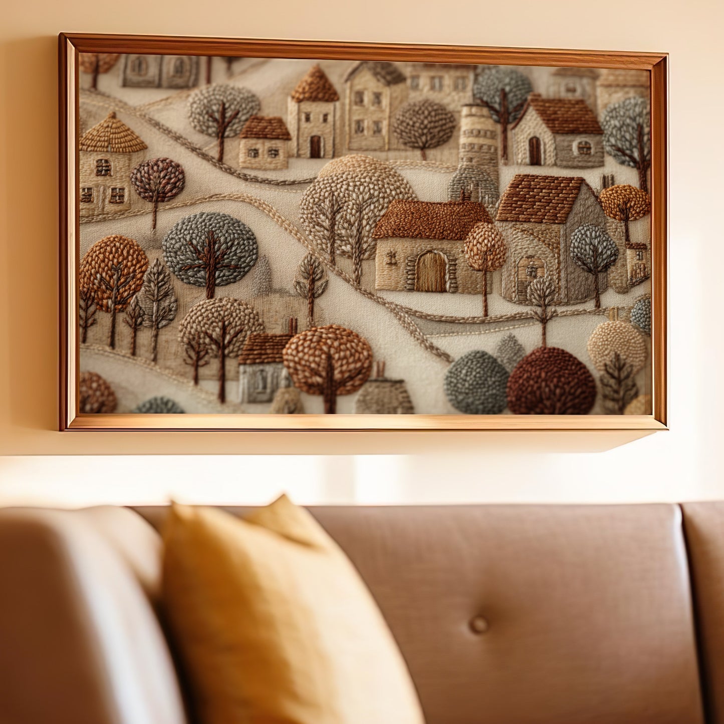 Cozy Village Scene Embroidery Design Wall Art Decor