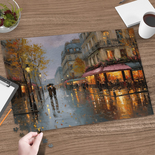 Wet Parisian Street Autumn Lights Cafe Glow Jigsaw Puzzle
Jigsaw Puzzle, Parisian Scene, Rainy Street, Autumn Evening, Cityscape Art, Cafe View, Impressionist Style, Wet Pavement, Street Lights, Umbrella People, Cozy Atmosphere, Home Decor, Gift Idea, Fall Colors, European City, Artistic Puzzle, Reflection Art, Building Facade, Romantic Scene, Leisure Activity