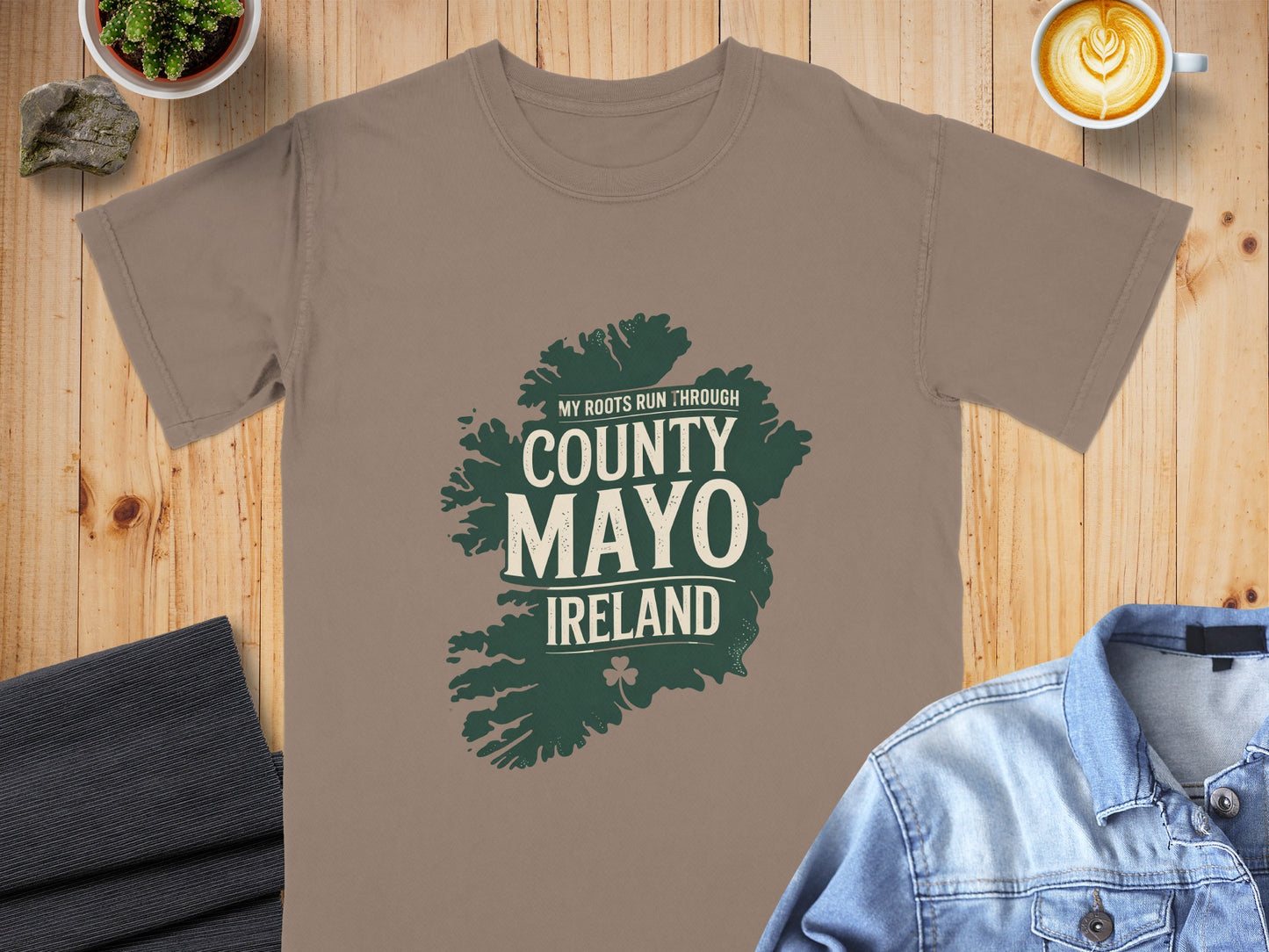 T-shirt with County Mayo Ireland map graphic and text.