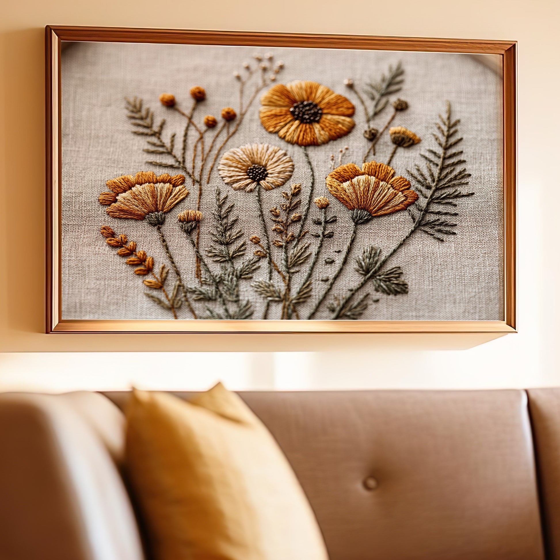 Floral Embroidered Wall Art with Framed Detailing