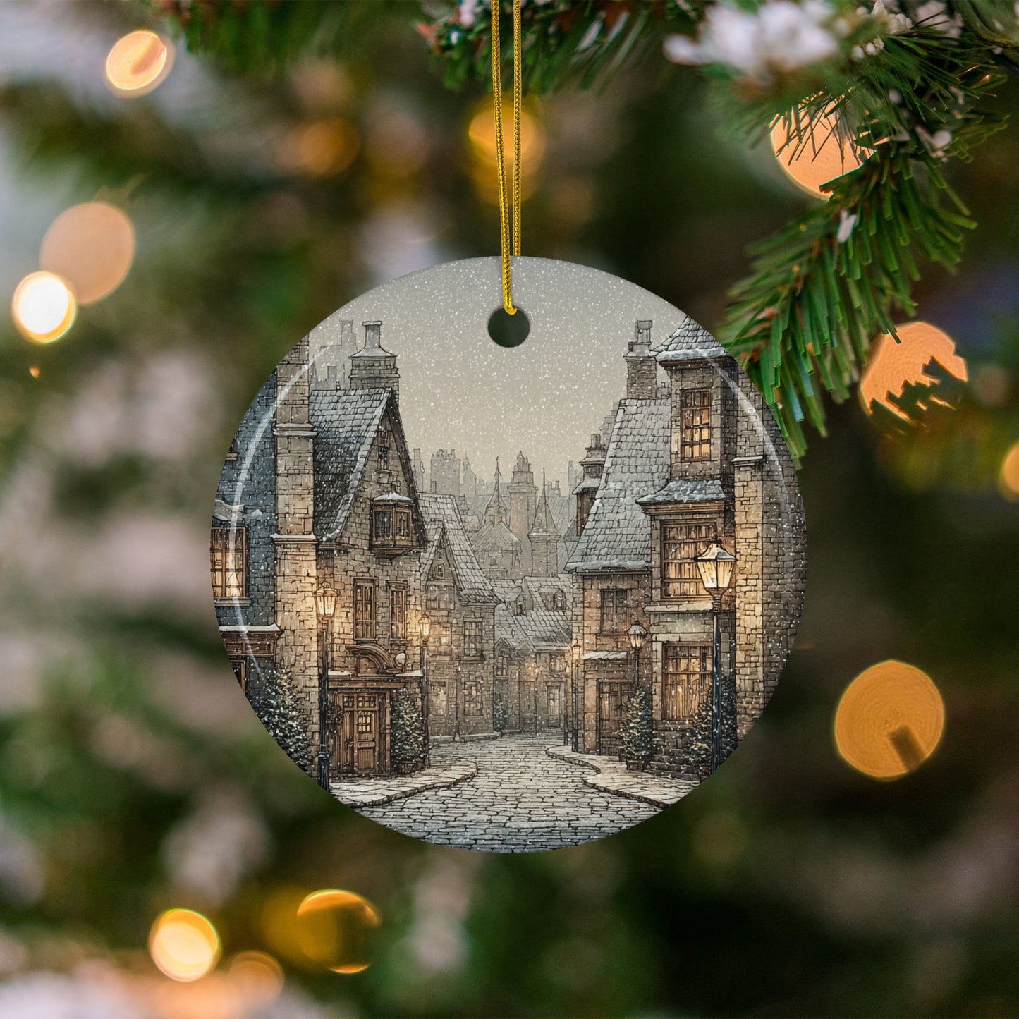 Snowy Christmas Village Scene on Christmas Tree Ornament