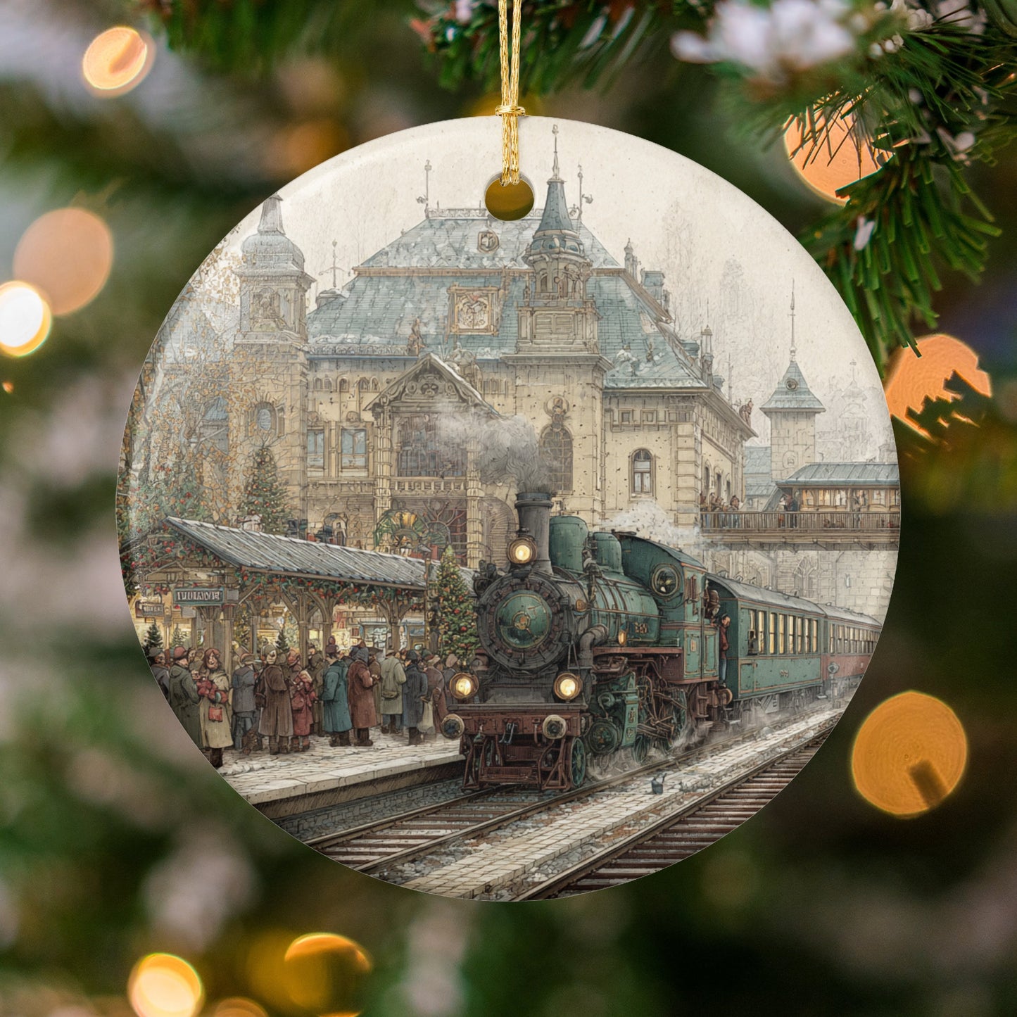 Vintage Train Station Christmas Tree Ornament