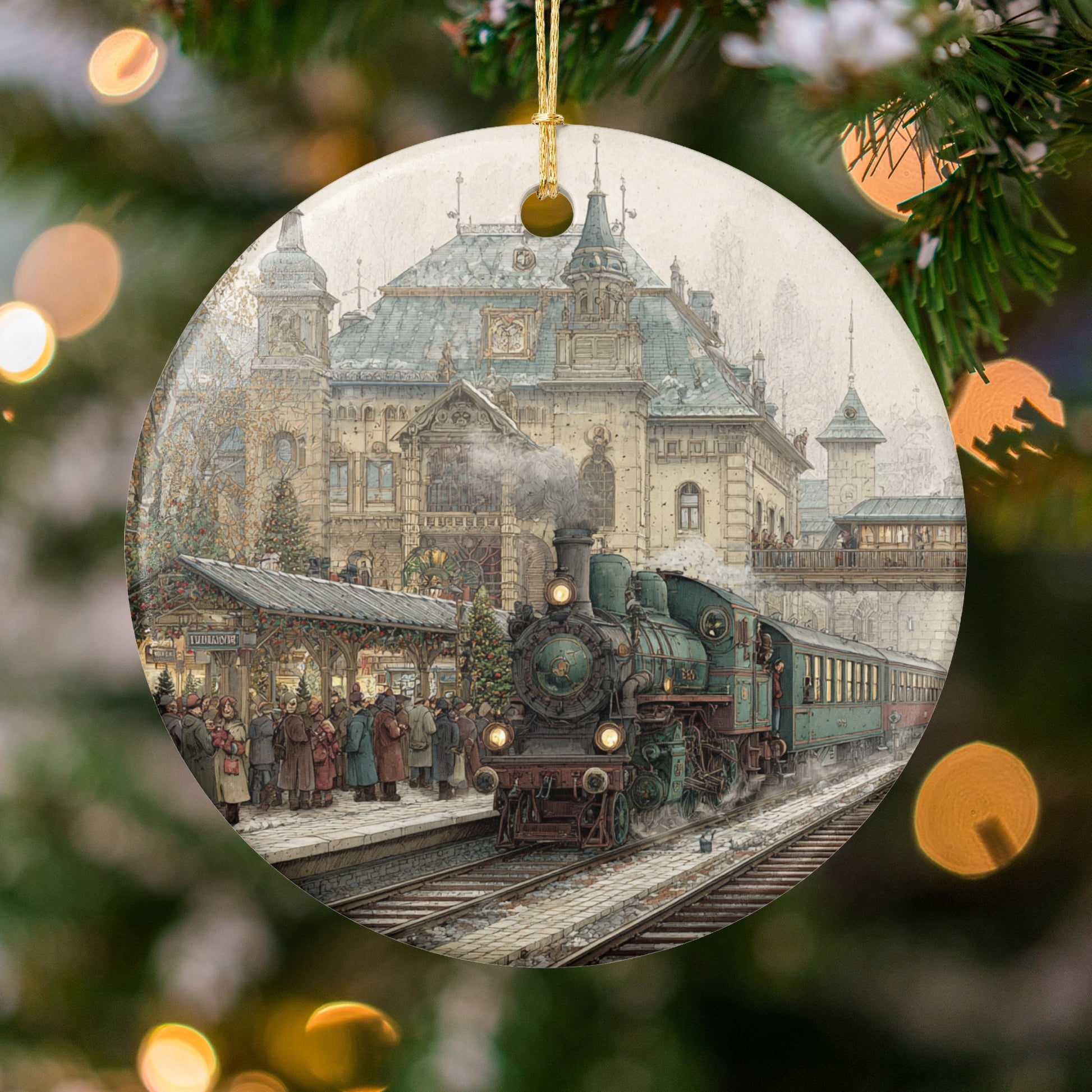 Vintage Train Station Christmas Tree Ornament