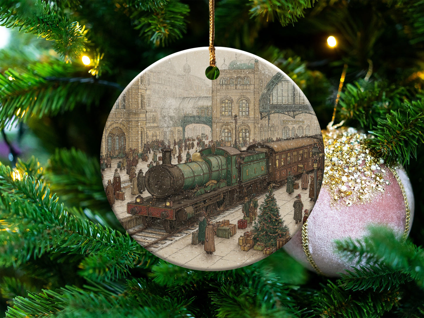 Vintage Christmas Train Scene Ornament for Holiday Decor