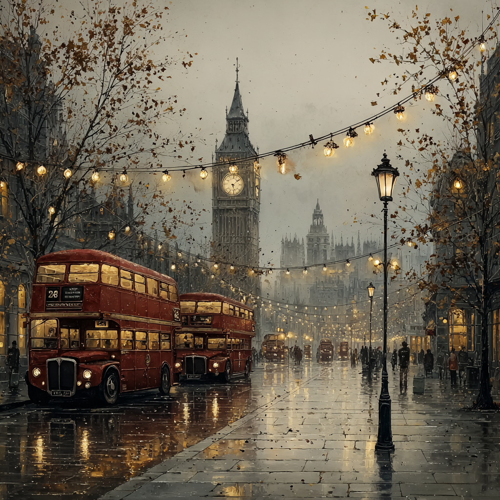 Evening Lights of London with Classic Red Buses print