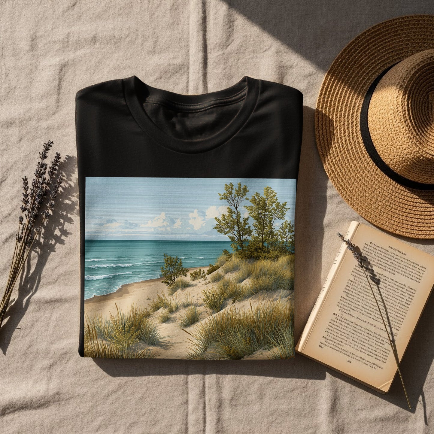 Serene Coastal Beach Scene On Black Shirt For Sale
