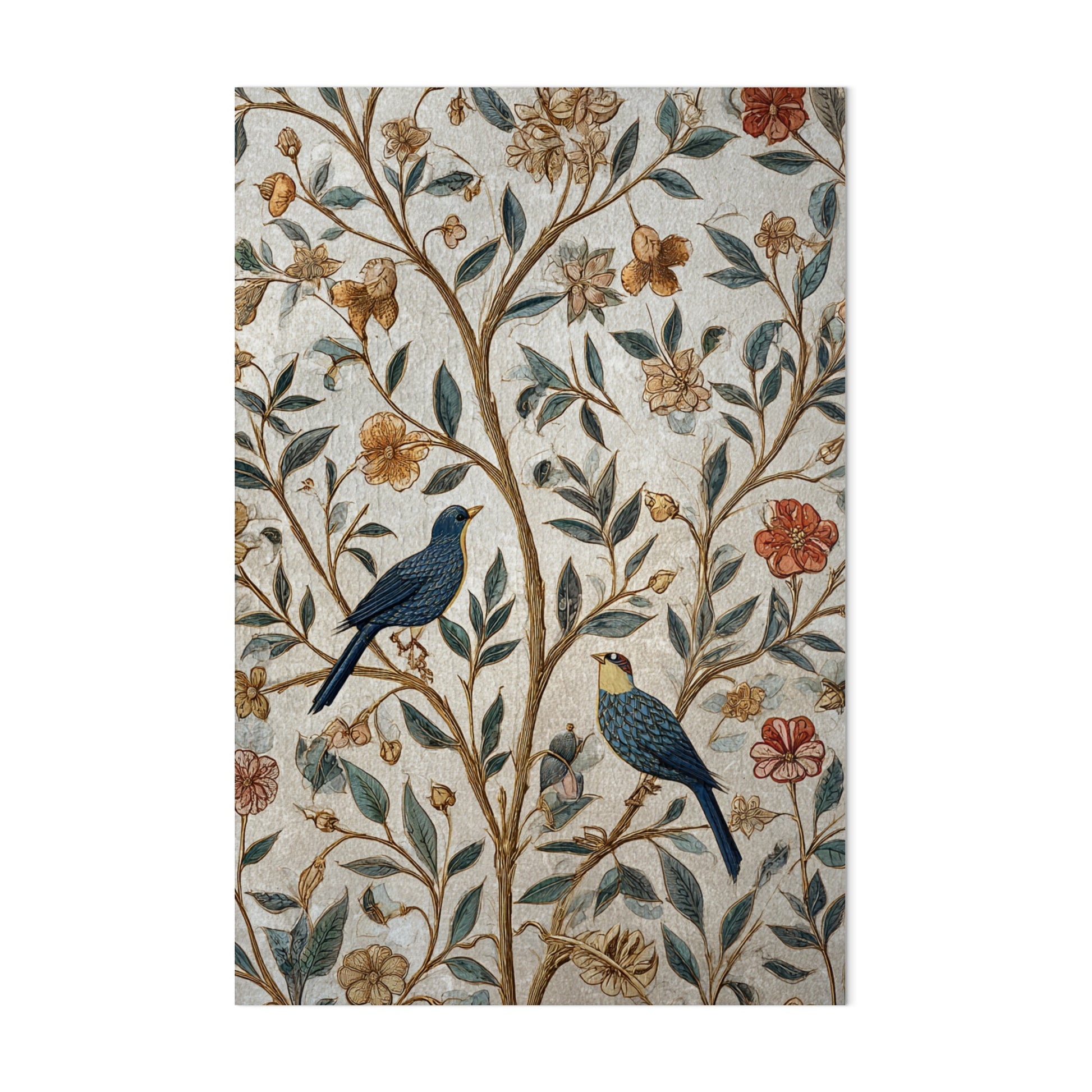 Elegant Floral Tapestry with Birds on Branch Design
