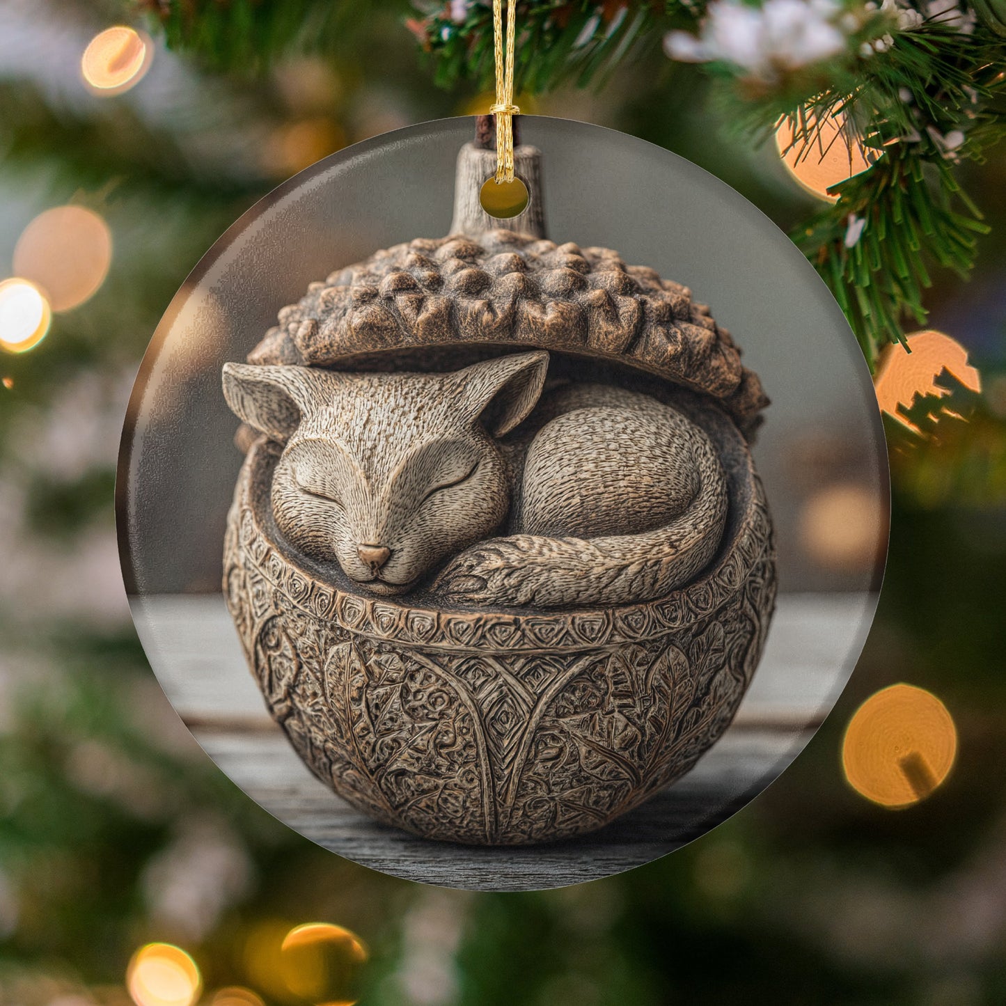 Cute Sleeping Cat in Acorn Ornament for Festive Decor