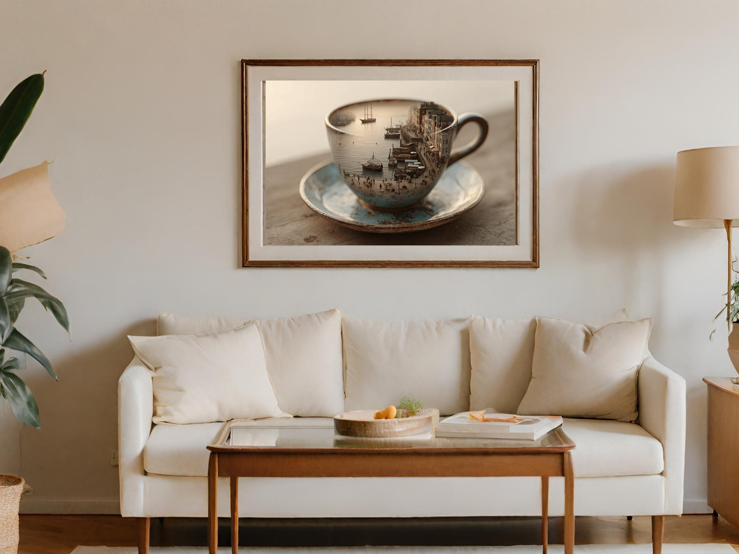 Framed artwork on wall above sofa depicts a European harbor scene within a teacup.