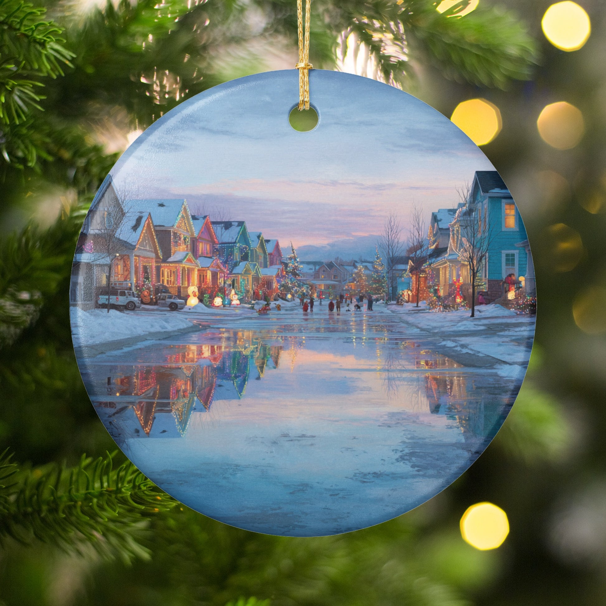 Colorful Snowy Village Painted Scene Ornament