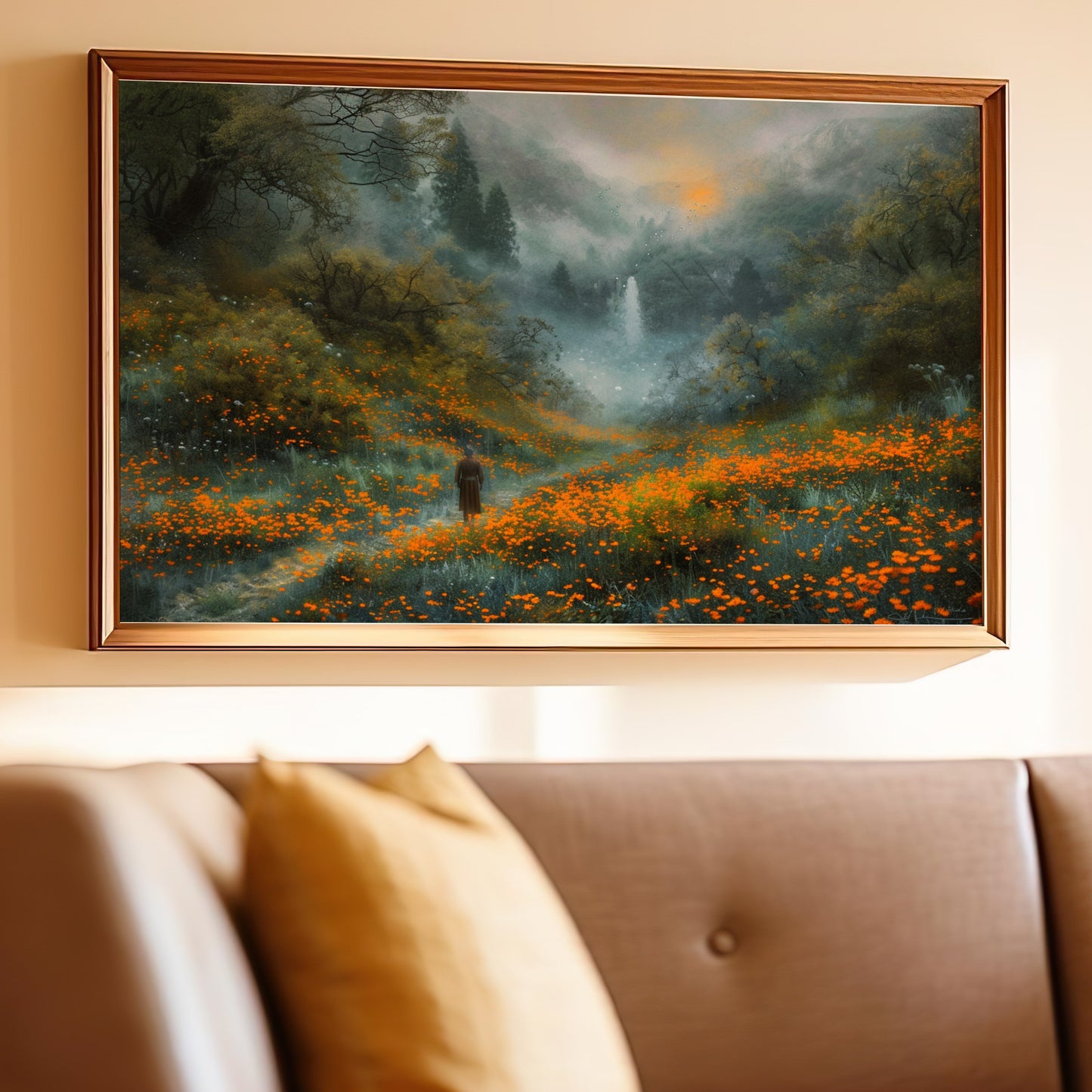 Serene landscape art with forest and flowers wall decor