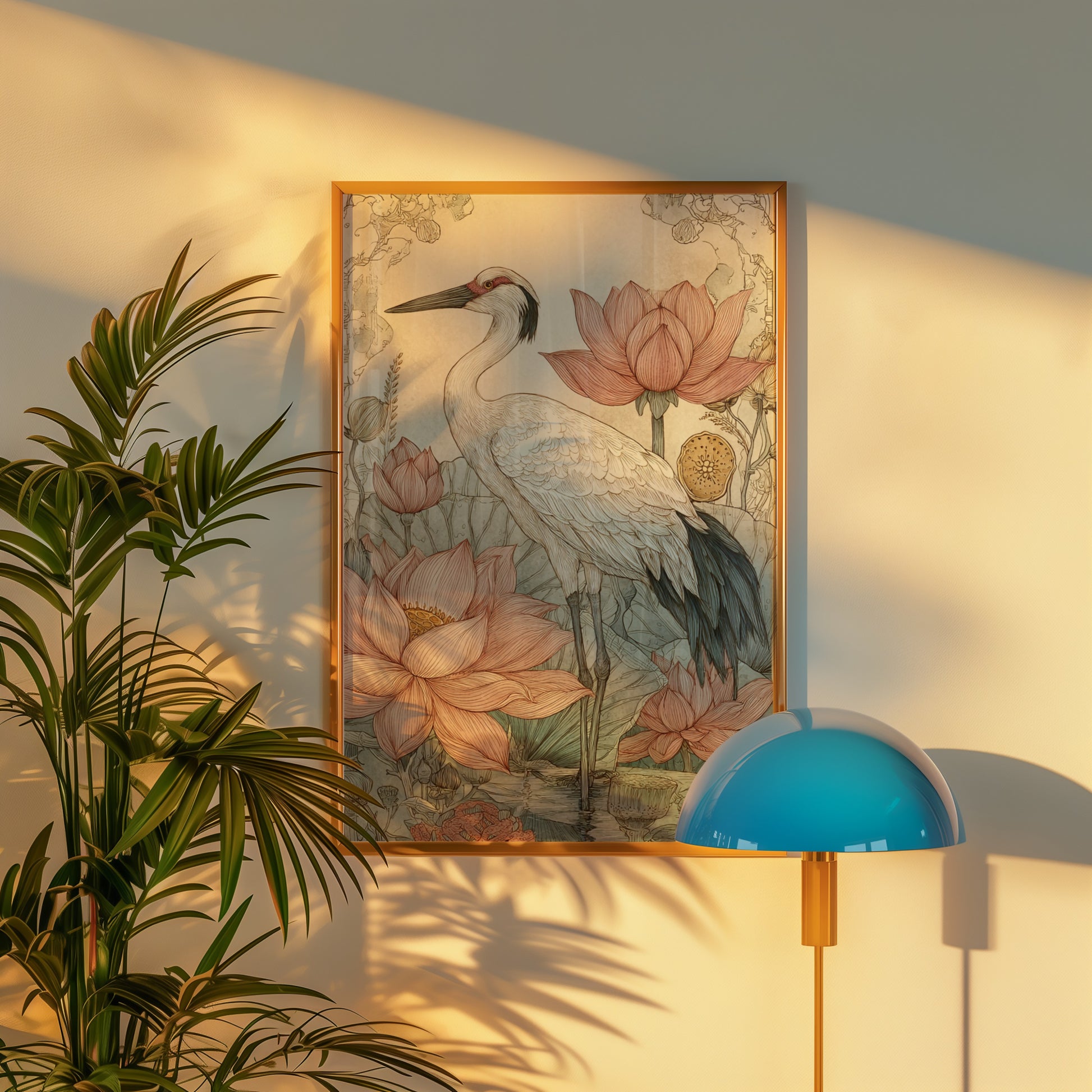 Elegant Crane and Lotus Flower Art Print Wall Decor