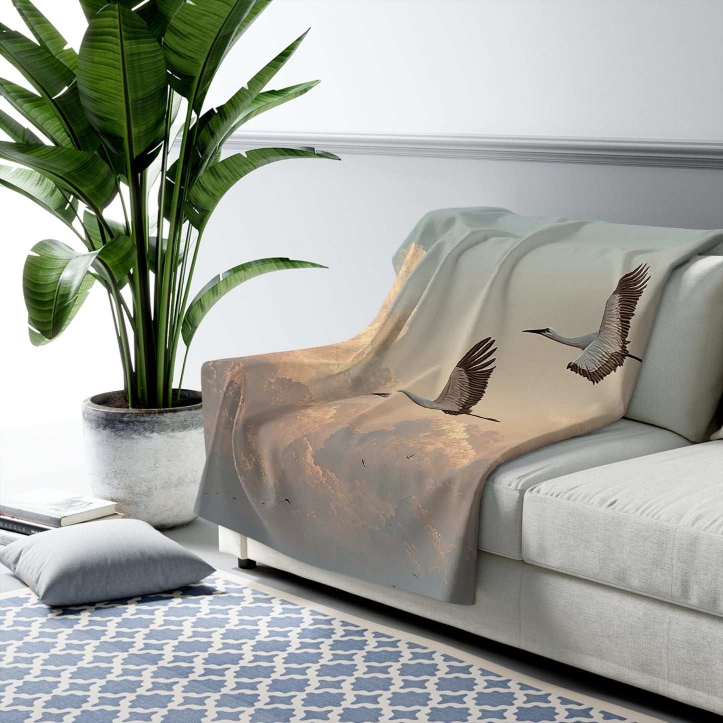 Sherpa blanket with soaring cranes at sunset design — cozy fleece throw, nature blanket, bird lover gift