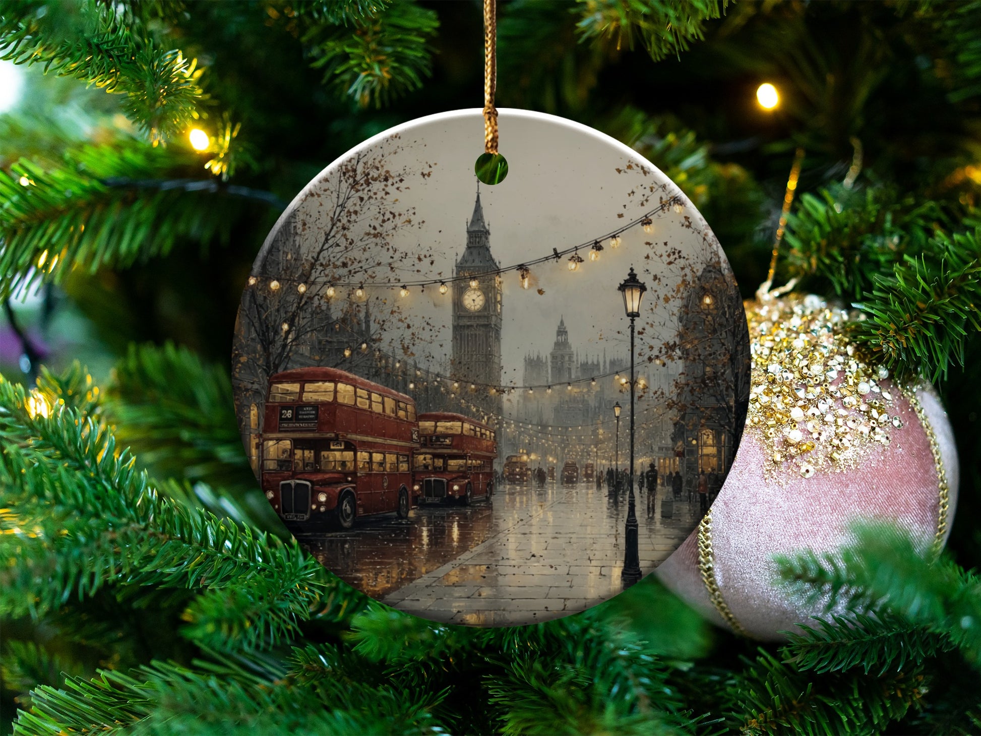Beautiful Christmas Scene Ornament with Buses and Lights