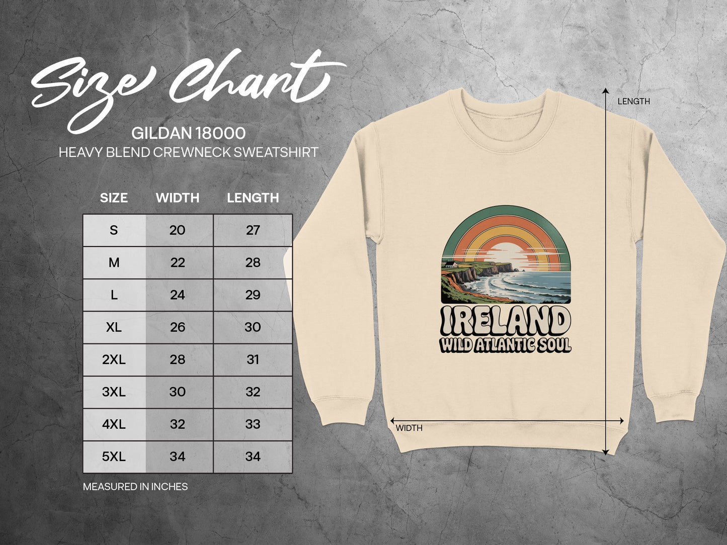Size chart for Gildan 18000 heavy blend crewneck sweatshirt with measurements.