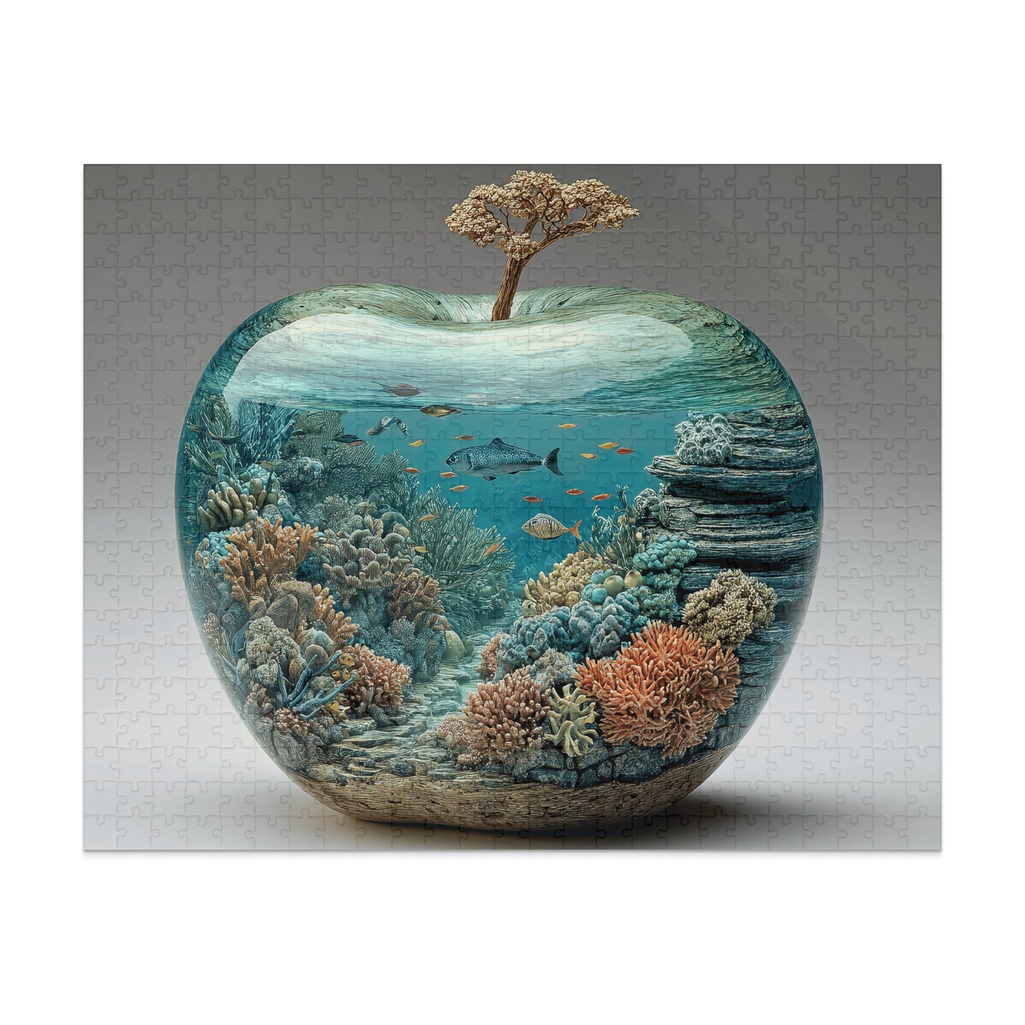 Apple-shaped aquarium with coral reef and fish inside.