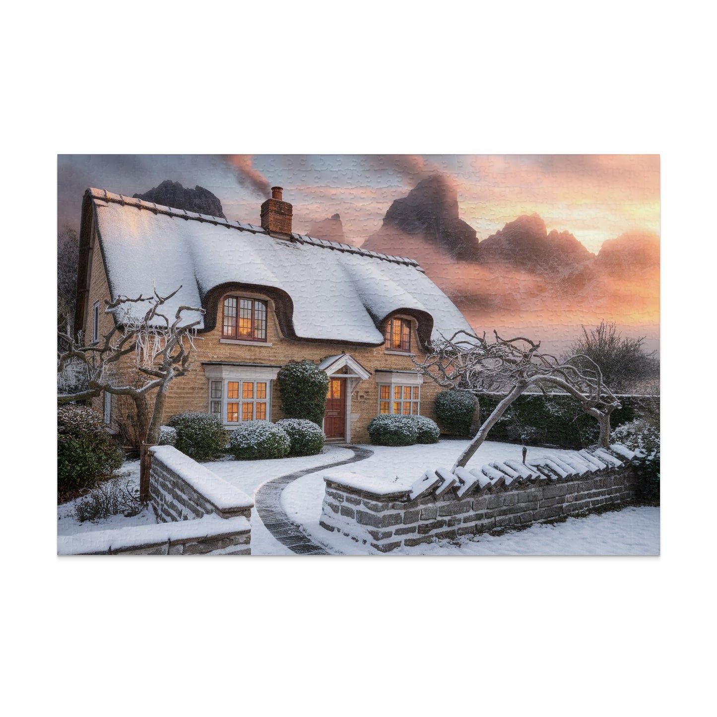 Snow-covered thatched cottage at sunset with mountains in the background.