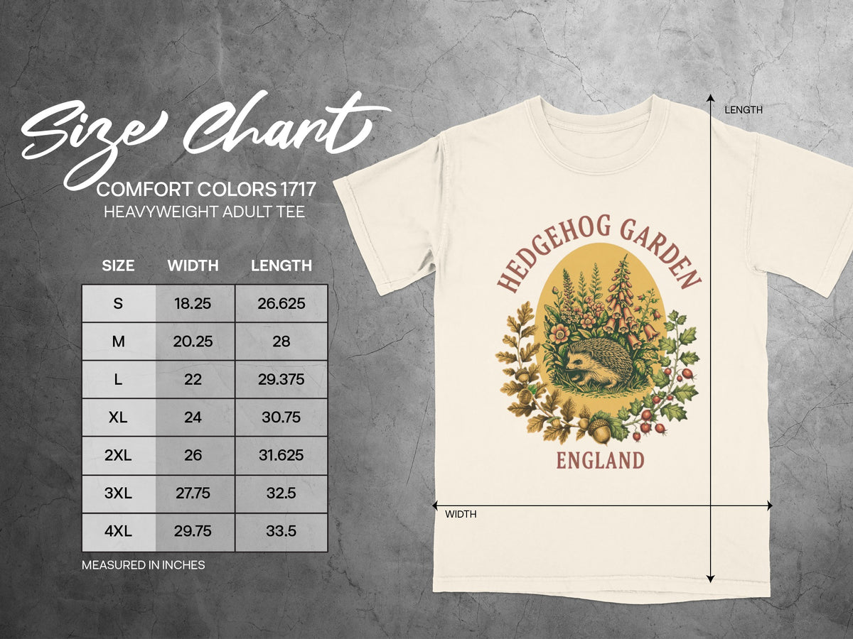 Comfort Colors 1717 size chart with Hedgehog Garden graphic on cream t-shirt.