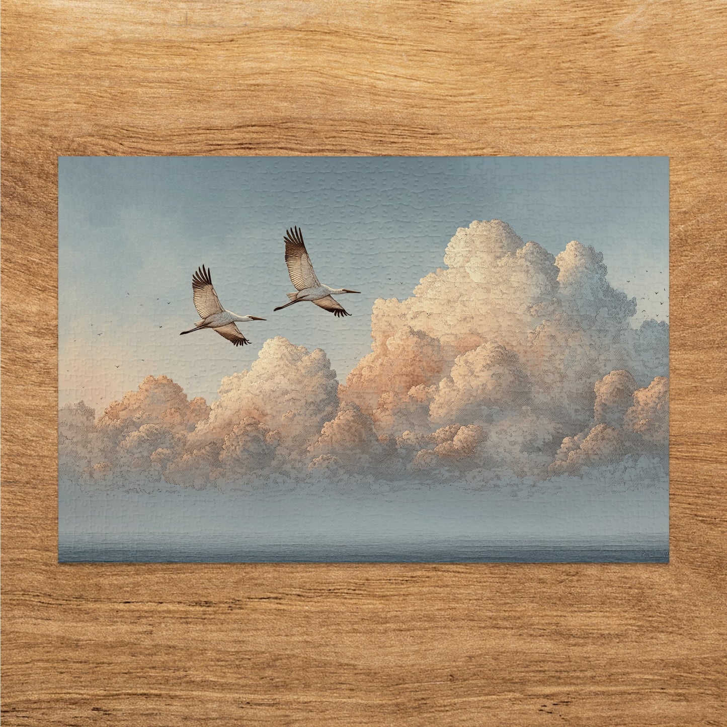 Flying cranes over cloudscape wooden decor art