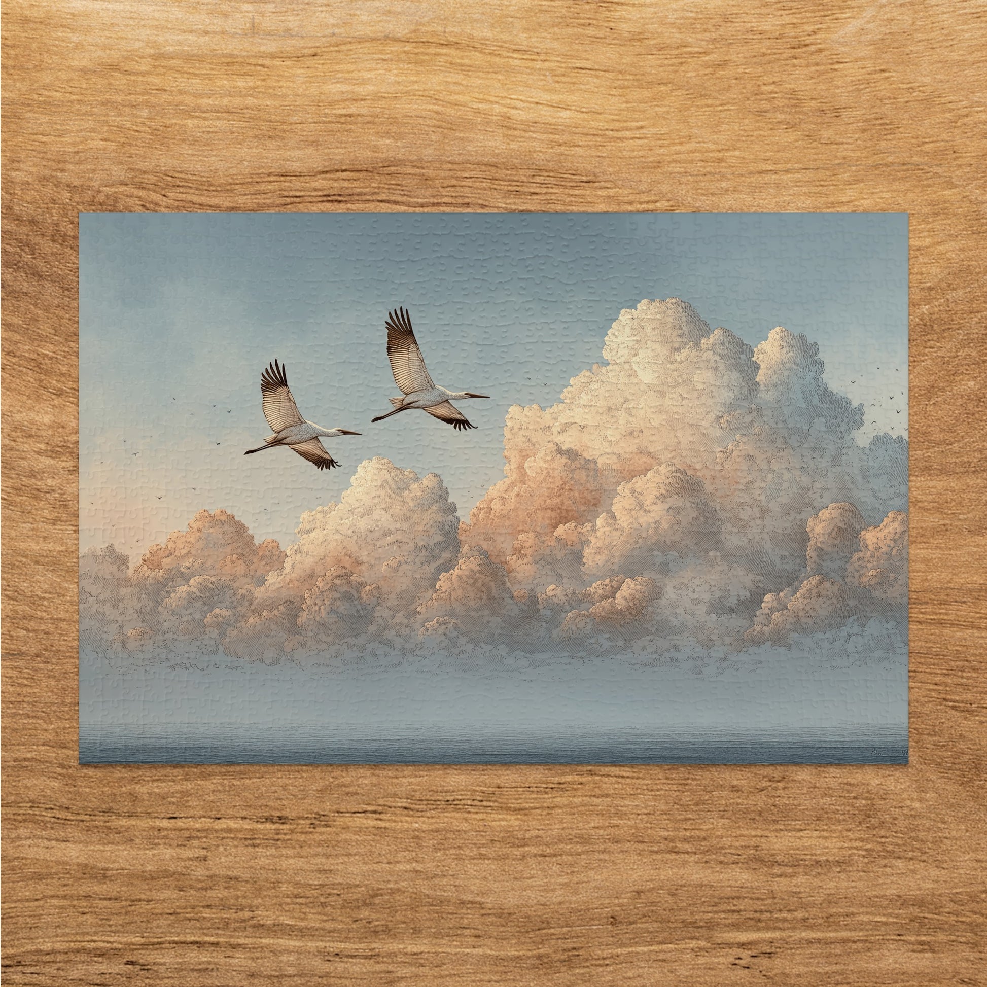 Flying cranes over cloudscape wooden decor art