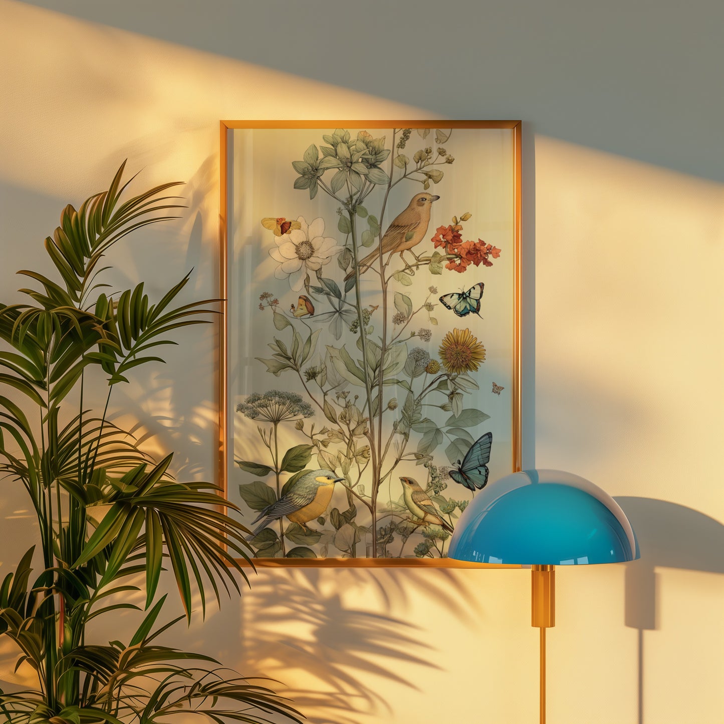 Vintage Botanical Birds and Butterflies Wall Art Print