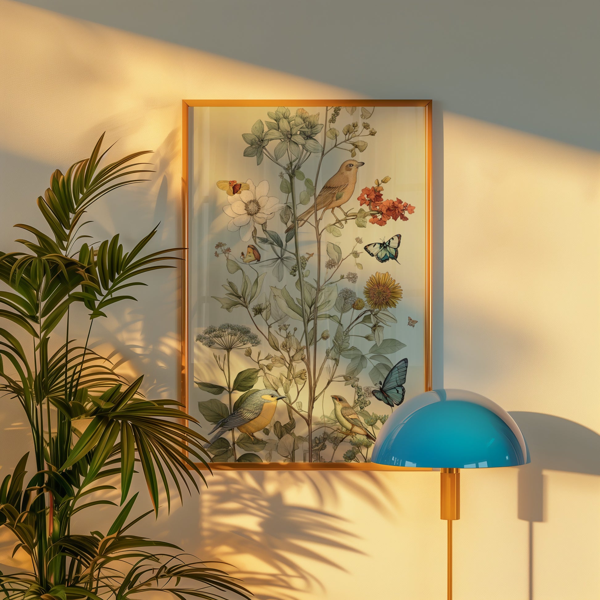 Vintage Botanical Birds and Butterflies Wall Art Print